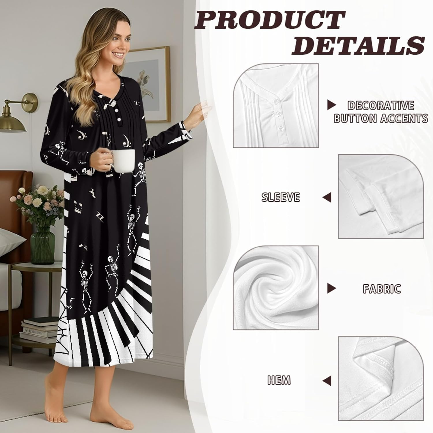 Nightgown For Women Long Sleeve Oversized Full Length Party House Sleep Lounge Dress Long Sleepwear Nightgown