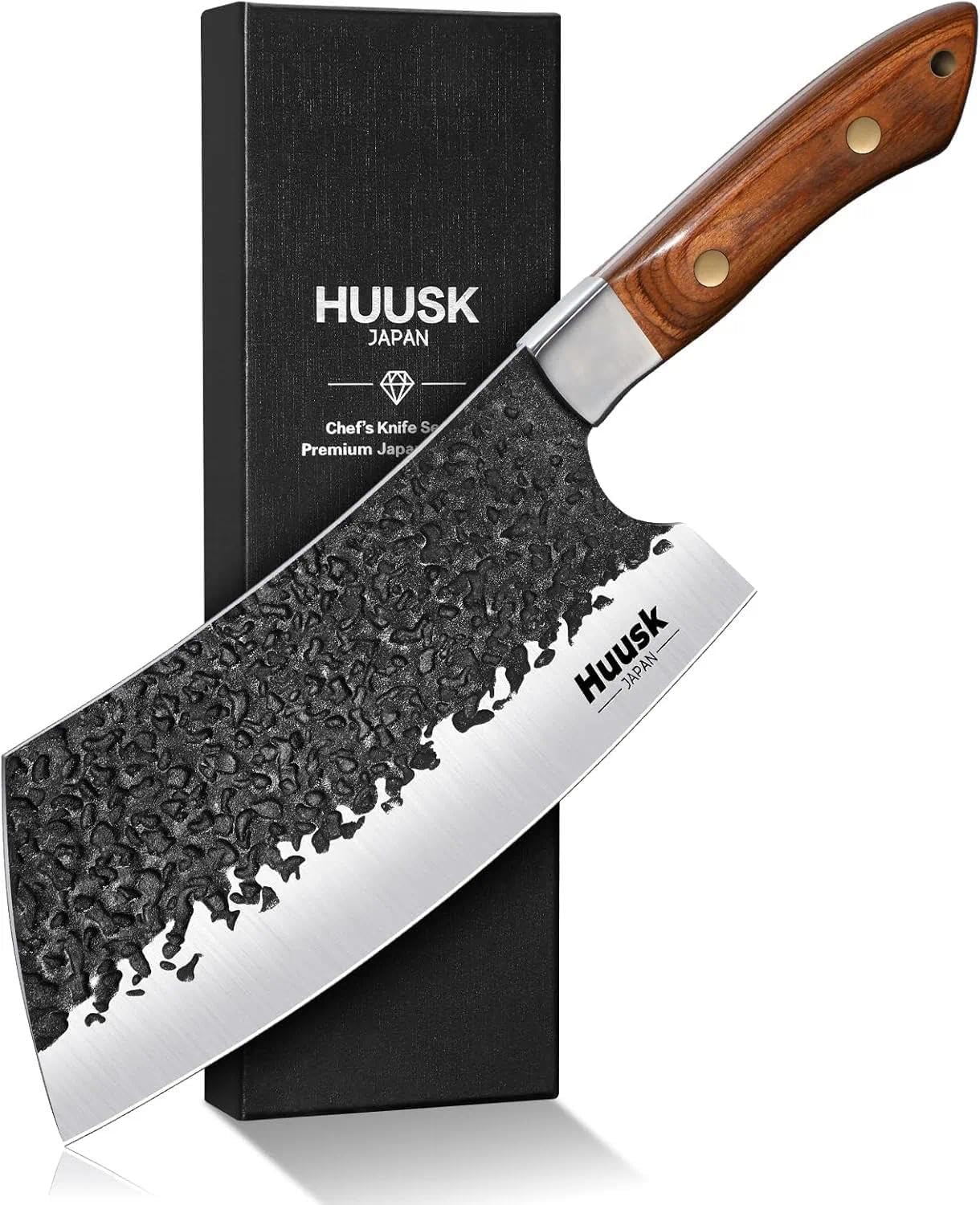 Huusk Cleaver Knife 7 inch - Hand Forged Butcher Knife for Meat Cutting, Japanese Chopping Knives, High Carbon Steel Vegetable Meat Cleaver for BBQ, Camping, Christmas Gifts for Men Women