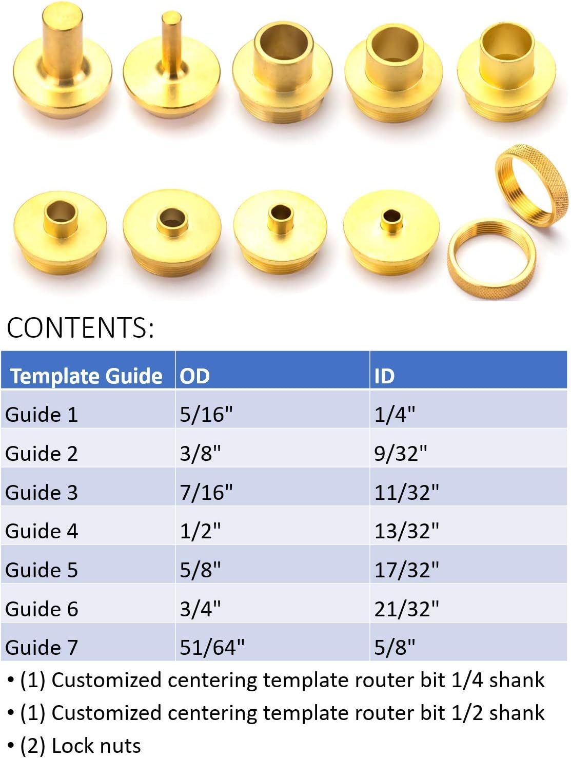 POWERTEC 71221 11-Piece Brass Router Guide Bushing Set | Pro Style Router Template Kit with Long Shank Bit Set and Lock Nuts, Fits Any 1-3/16" or 1-1/4" Base Plate - - 
