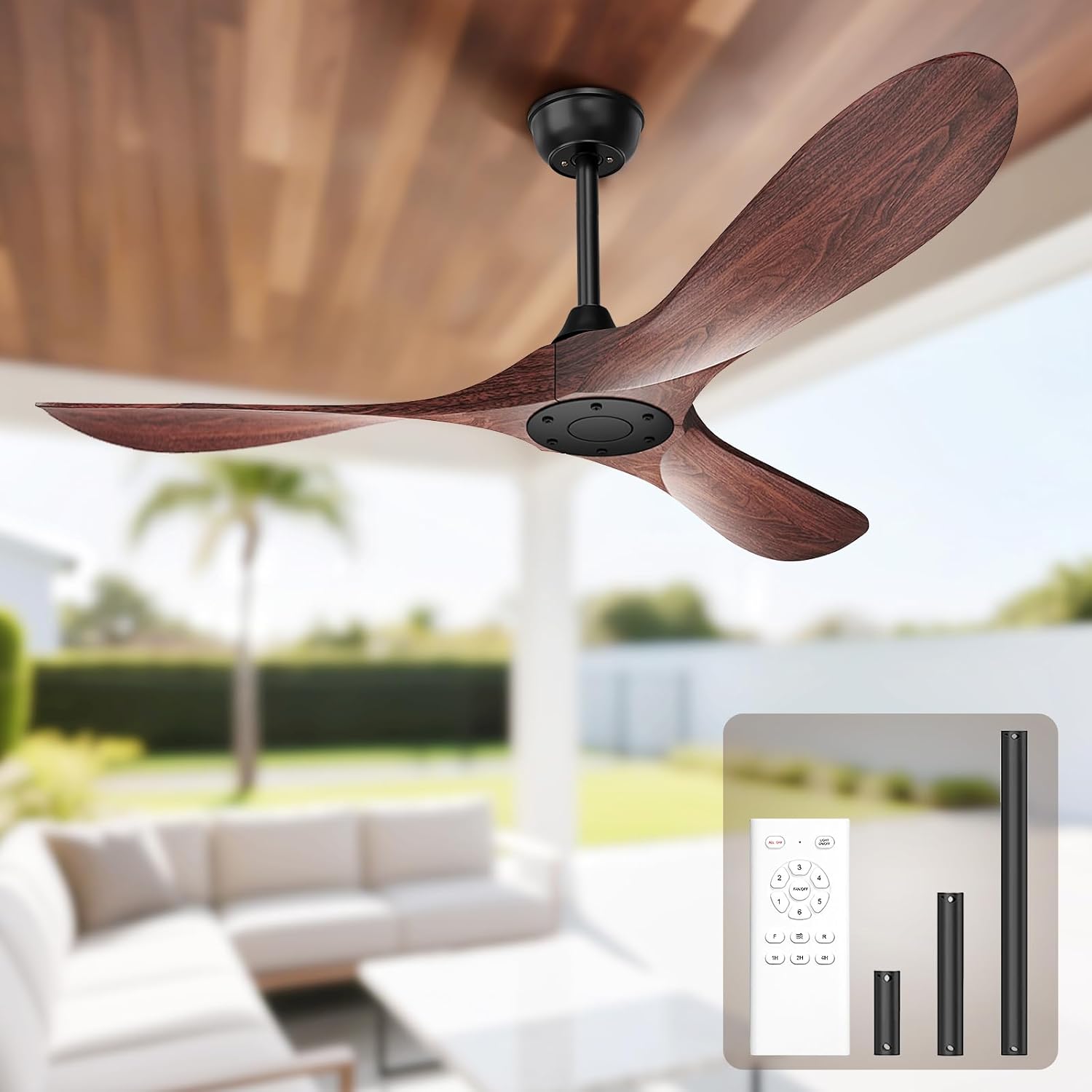 52 Inch Ceiling Fan Without Lights, Walnut Finish | Outdoor Ceiling Fan with Remote, 6-Speed Adjustable Reversible DC Motor for Patio & Living Room Walnut Wood 52 in