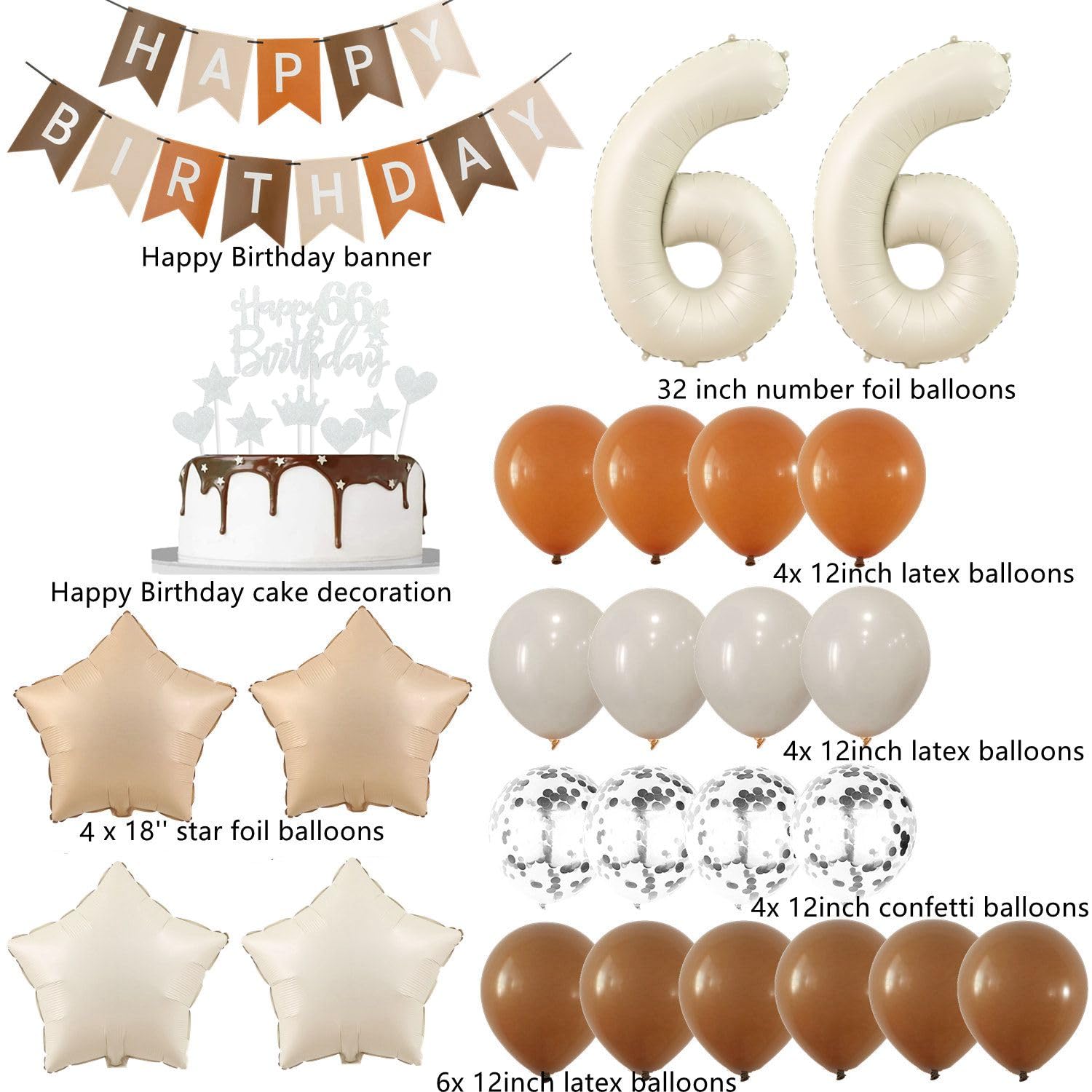 Ballon 66 Ans – Décoration Anniversaire Nude, Crème Et Or – Kit Complet Avec Bannière Et Ballons Étoiles