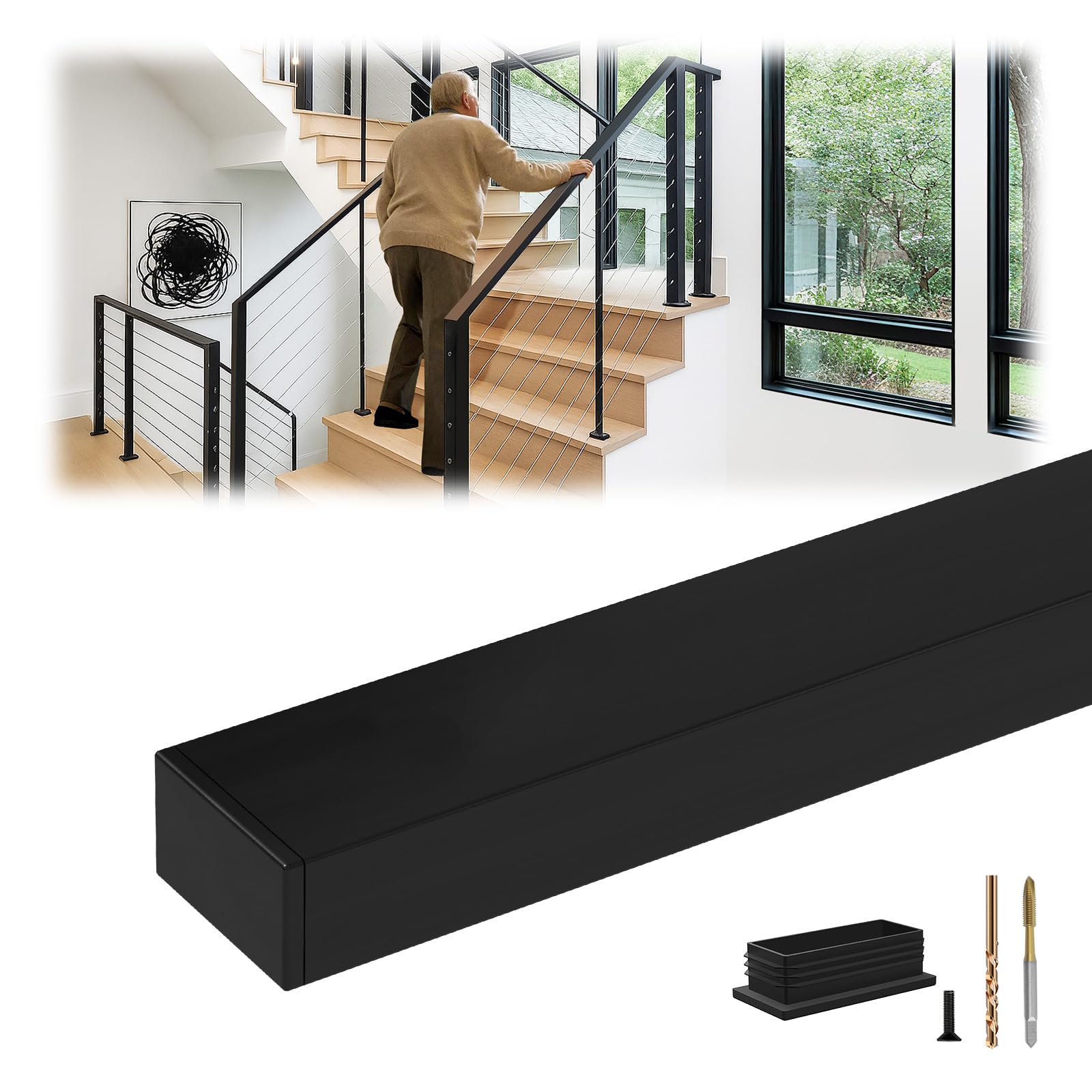 1Pack 6'6" Stainless Steel Handrail for Cable Railing System, 2"L X 1"W Rectangular Black Handrail for Deck Railing Kit with End Cap Screw, Adjustable-Length Flat Top Rail for Balcony Hallway