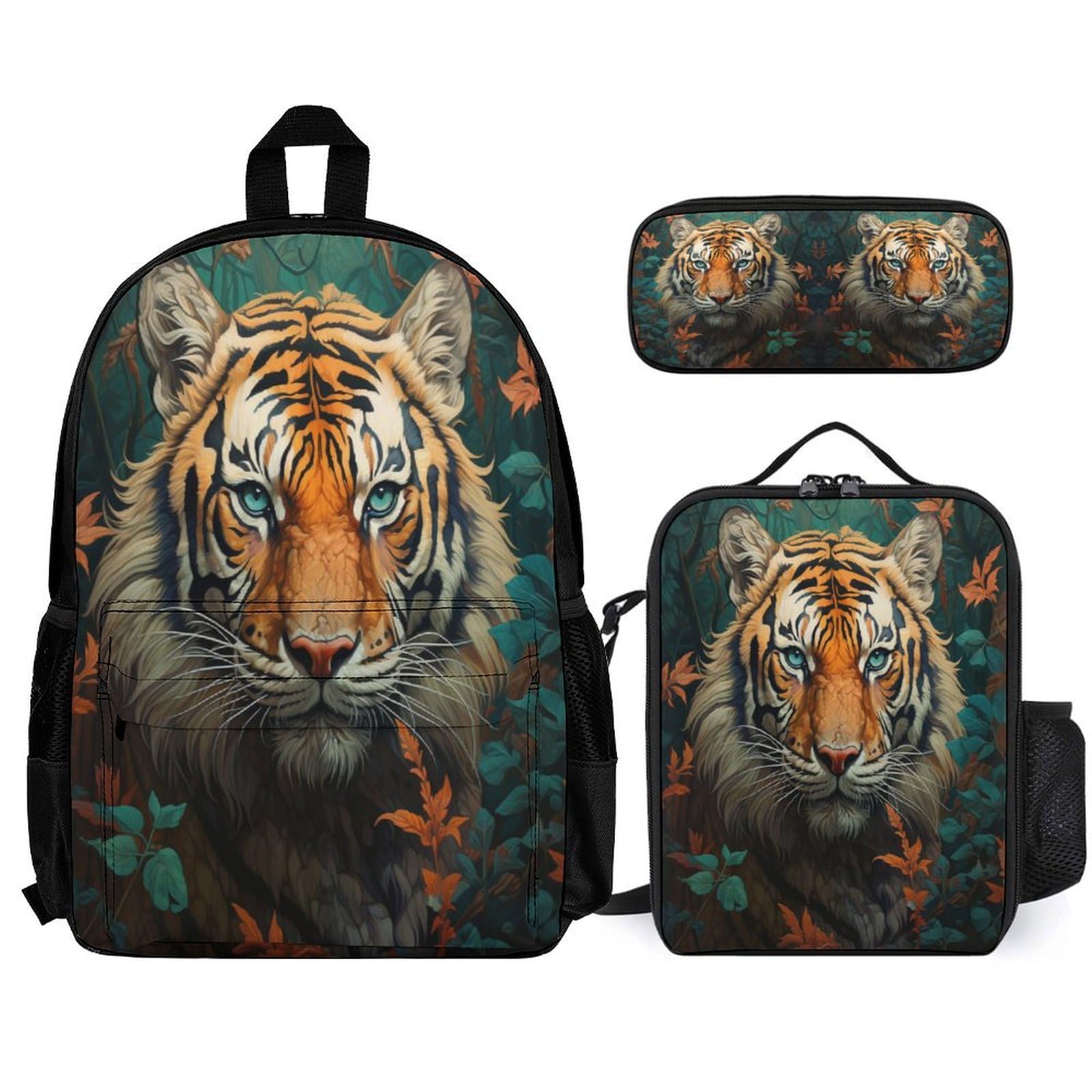 Sac Tigre Personnalisé avec Boîte à Déjeuner et Trousse à Crayons, Lot de 3 Sacs d'école Animal Thème, Sacs avec Boîte à Déjeuner