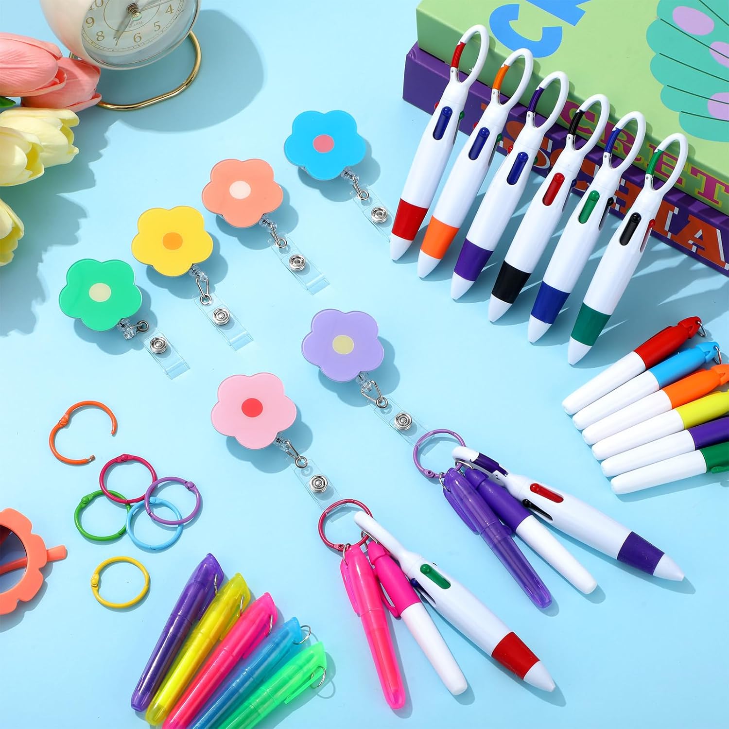 Lincia 90 Pcs Nurse Badge Accessories, Nurse Pen Set Include Retractable Badge Reel Clips, Ballpoint Pens, Markers, Highlighters, Keychains, Medical Staff Appreciation Gifts, 18 Sets(Flower)