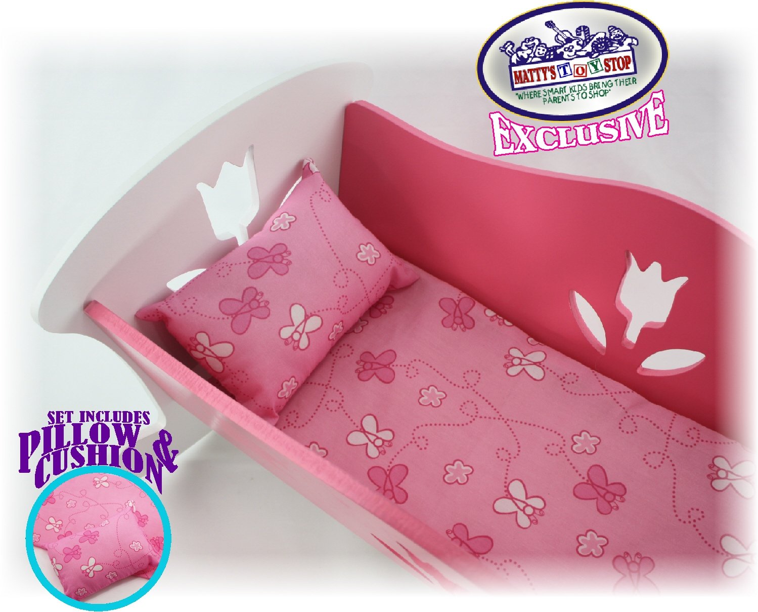 Matty's Toy Stop Muebles para muñecas de 18 pulgadas, cuna mecedora de madera con almohada rosa y cojín – (18 pulgadas rosa/blanco floral) se adapta a muñecas American Girl