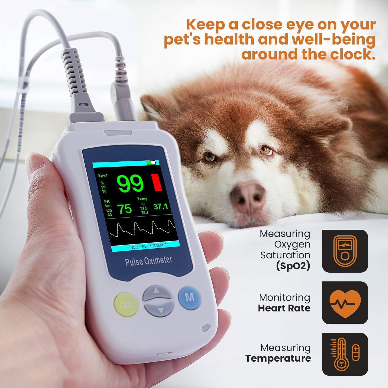 Pulsossimetro Veterinario, Ossimetro Veterinario Portatile, Monitoraggio SpO2 E Frequenza Cardiaca, Con Sensore Orecchio / Lingua E Sonda Di Temperatura, Display Da 2,4 Pollici, Per Gatti, Cani