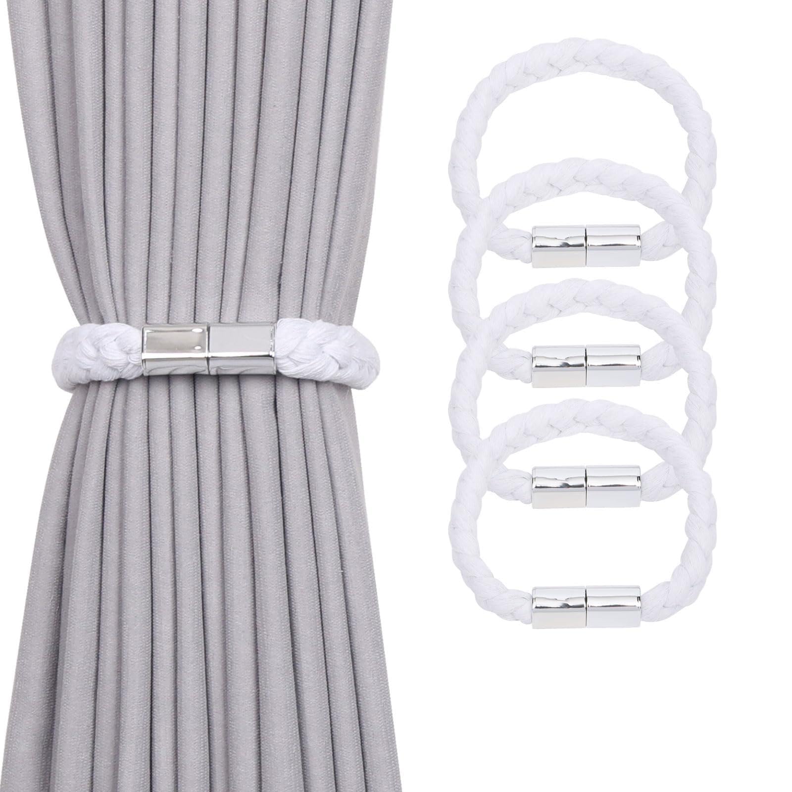 Pretty Jolly 4 Pack Twisted Braid Rope Magnetic Curtain Tiebacks Elegant Hand-Woven Style Drape Tie Backs Soft Natural Cotton Rope Curtain Holdbacks for Home & Office Window Draperies (White)