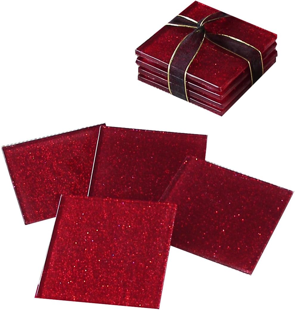 Fused Glass Red Glitter Coasters Set of 6