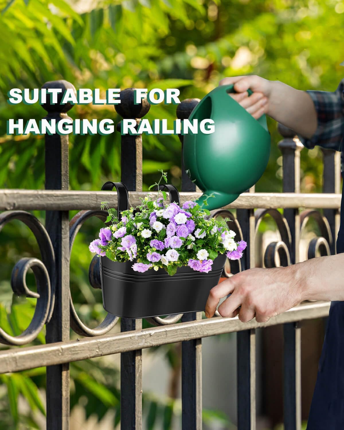 vensovo Maceta de metal para plantas al aire libre, paquete de 5 macetas colgantes para balcón con ganchos desmontables y agujeros de drenaje, ovaladas, para decoración del hogar y jardín, color negro
