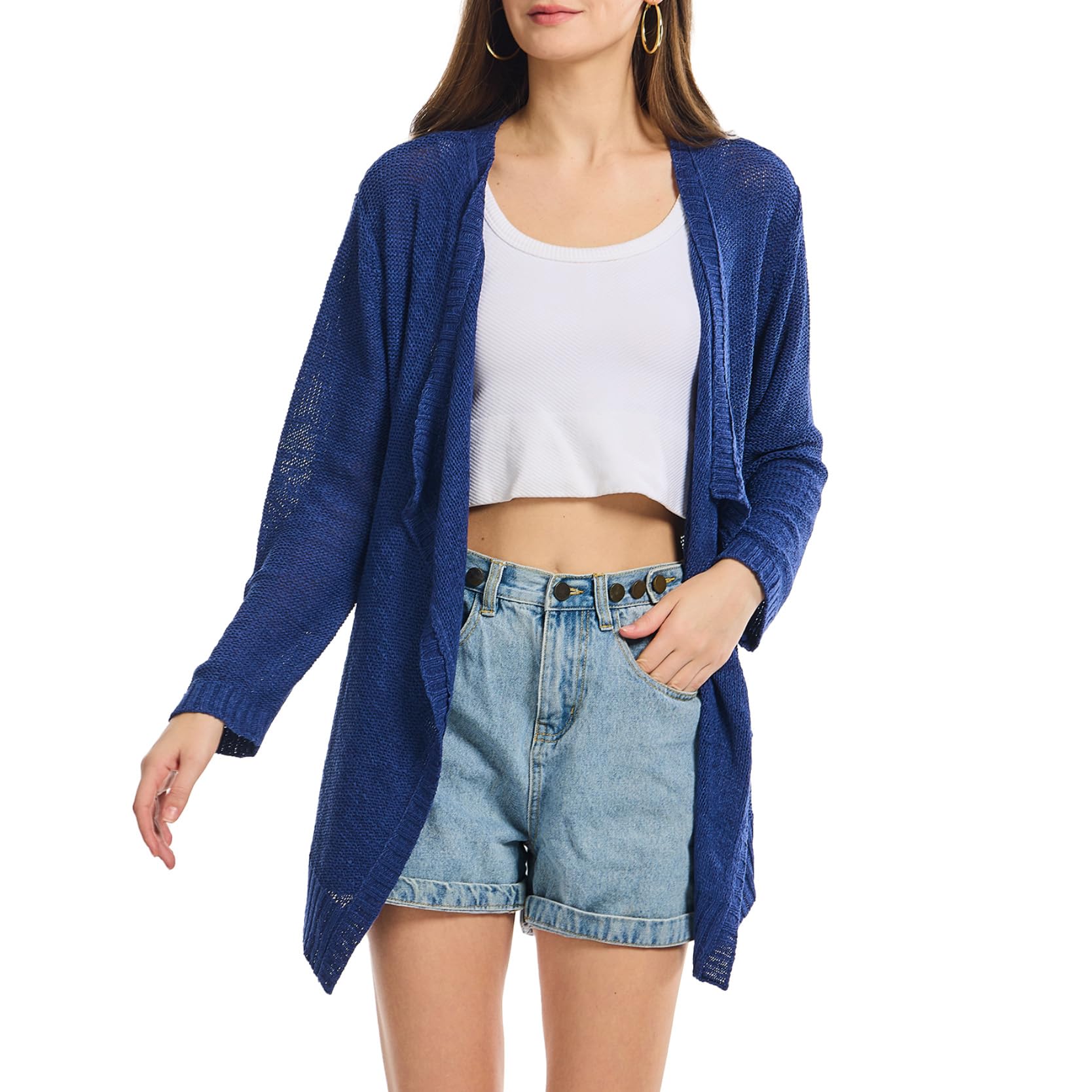 Simple&Opulence Women's Summer Crochet Cardigan, Knit Lightweight Ladies Coverup, Casual Long Sleeve Outwear, Hollow Out Open Front Waterfall Sun Protection