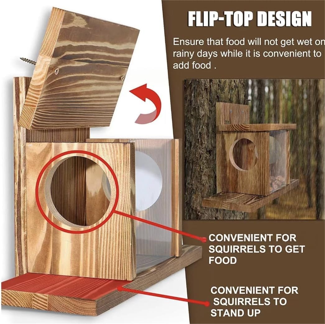Carbonized Wood Squirrel Feeder Box for Outside with Large Tray, Acrylic Window & Corn Cob Holder, Wooden Hanging Squirrel Feeder for Peanuts, Tree Mount Outdoor Backyard Feeder, Weatherproof Design
