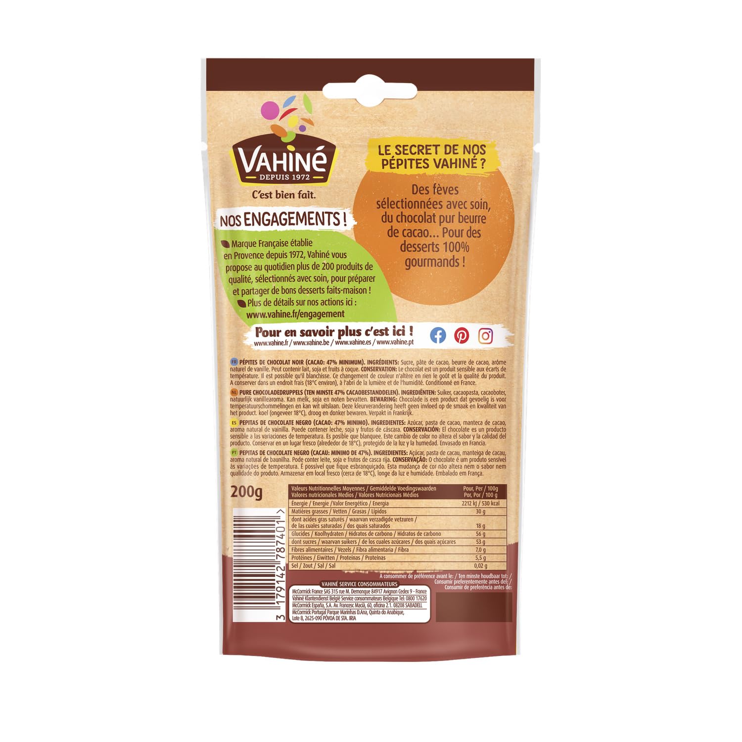 VAHINE Pépites de Chocolat Noir 50% Cacao 200 g — Filière Responsable Rainforest Alliance, Conditionné en France pour Pâtisserie Artisanale - Lot de 3