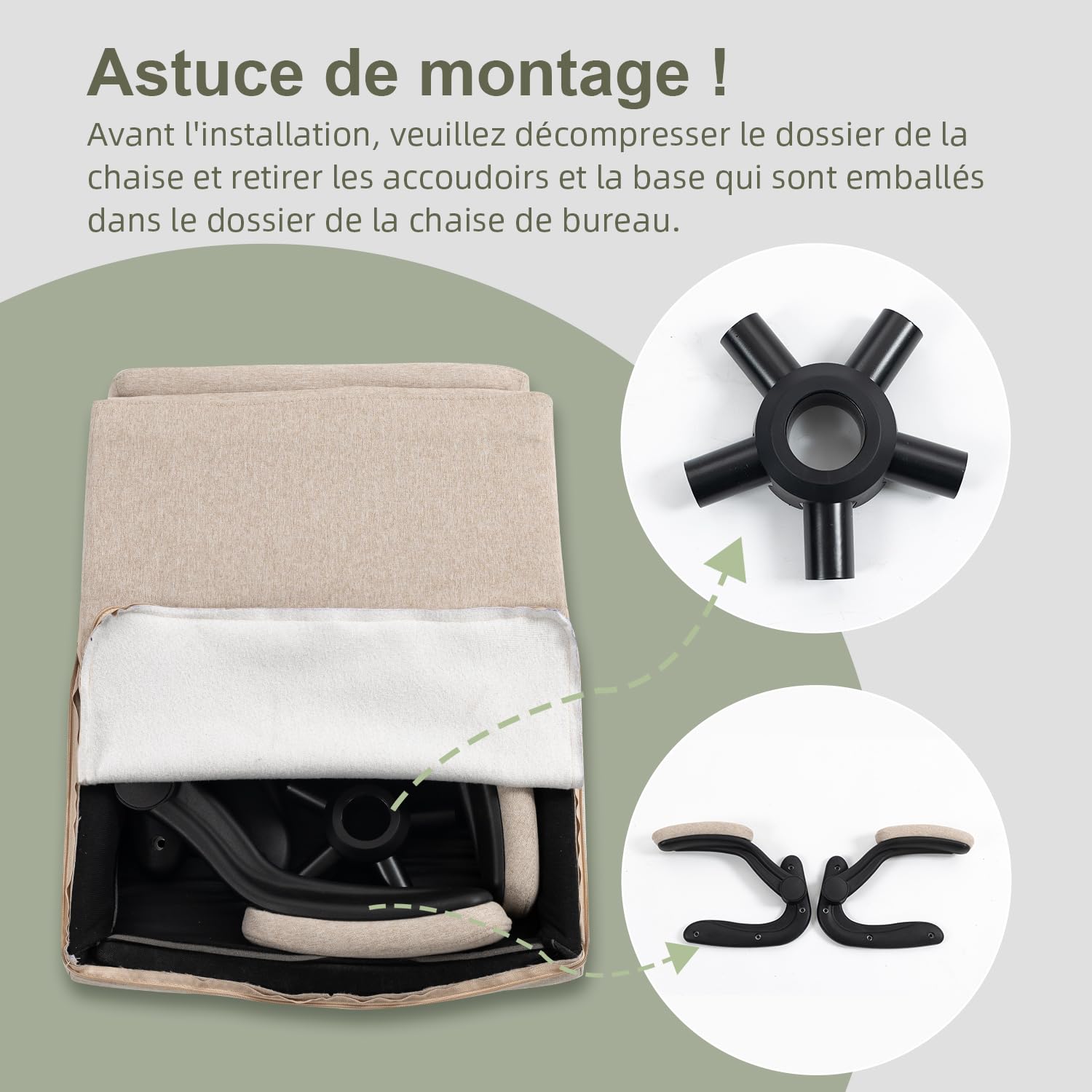 CASTLOVE Chaise de bureau ergonomique avec dossier, accoudoirs rabattables, dossier haut, hauteur réglable, fonction bascule, chaise de bureau en tissu beige, charge maximale : 150 kg