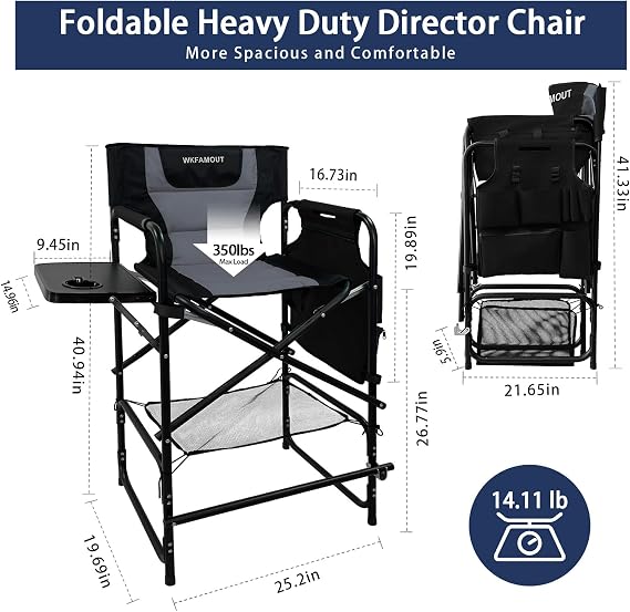 Tall Folding Directors Chair with Side Table 26.77 Seat Height Foldable Camping Chair Bar Stool for Makeup Artist Face Painting with Footrest and Storage Pocket Supports 350LBS