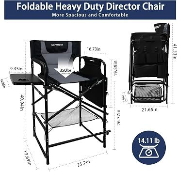 Tall Folding Directors Chair with Side Table 26.77 Seat Height Foldable Camping Chair Bar Stool for Makeup Artist Face Painting with Footrest and Storage Pocket Supports 350LBS