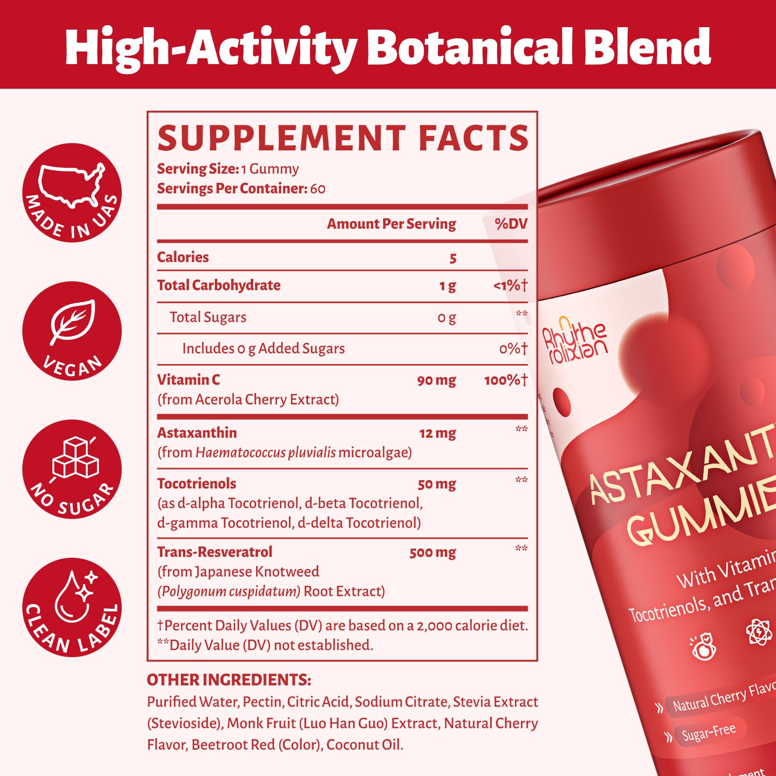 Astaxanthin Gummies – Astaxanthin Supplements with 12mg Per Gummy 24mg Max, Sugar Free Vegan Antioxidant with Vitamin C, Resveratrol & Tocotrienols – Supports Skin, Eye & Immune Health – 60 Count — Amazon image 2