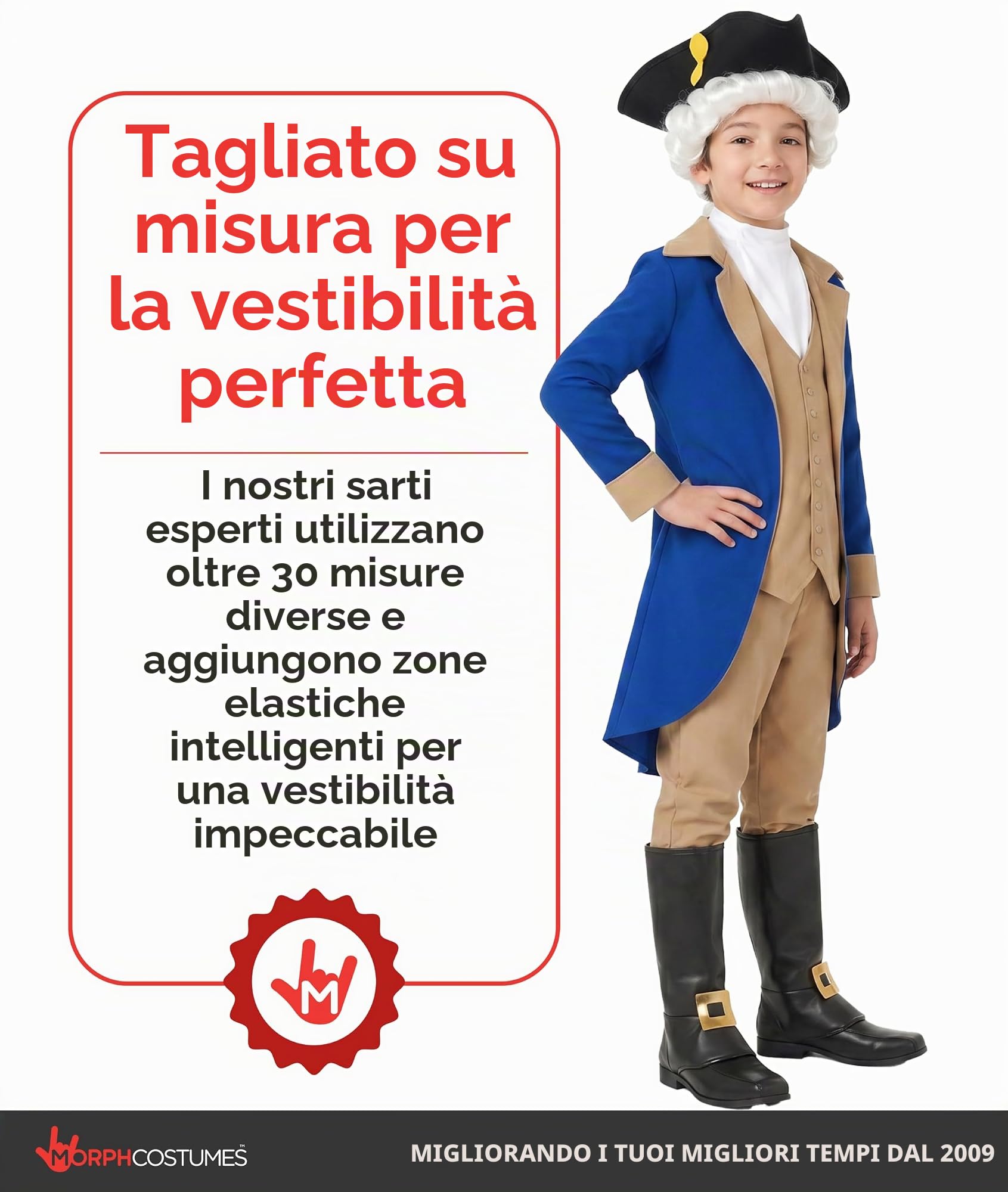 Morph Costume George Washington Bambino, Costume Halloween Bambino | Giacca Blu, Gilet, Parrucca Bianca & Cappello Nero, Perfetto per Halloween, Ideale per il Gioco di Ruolo
