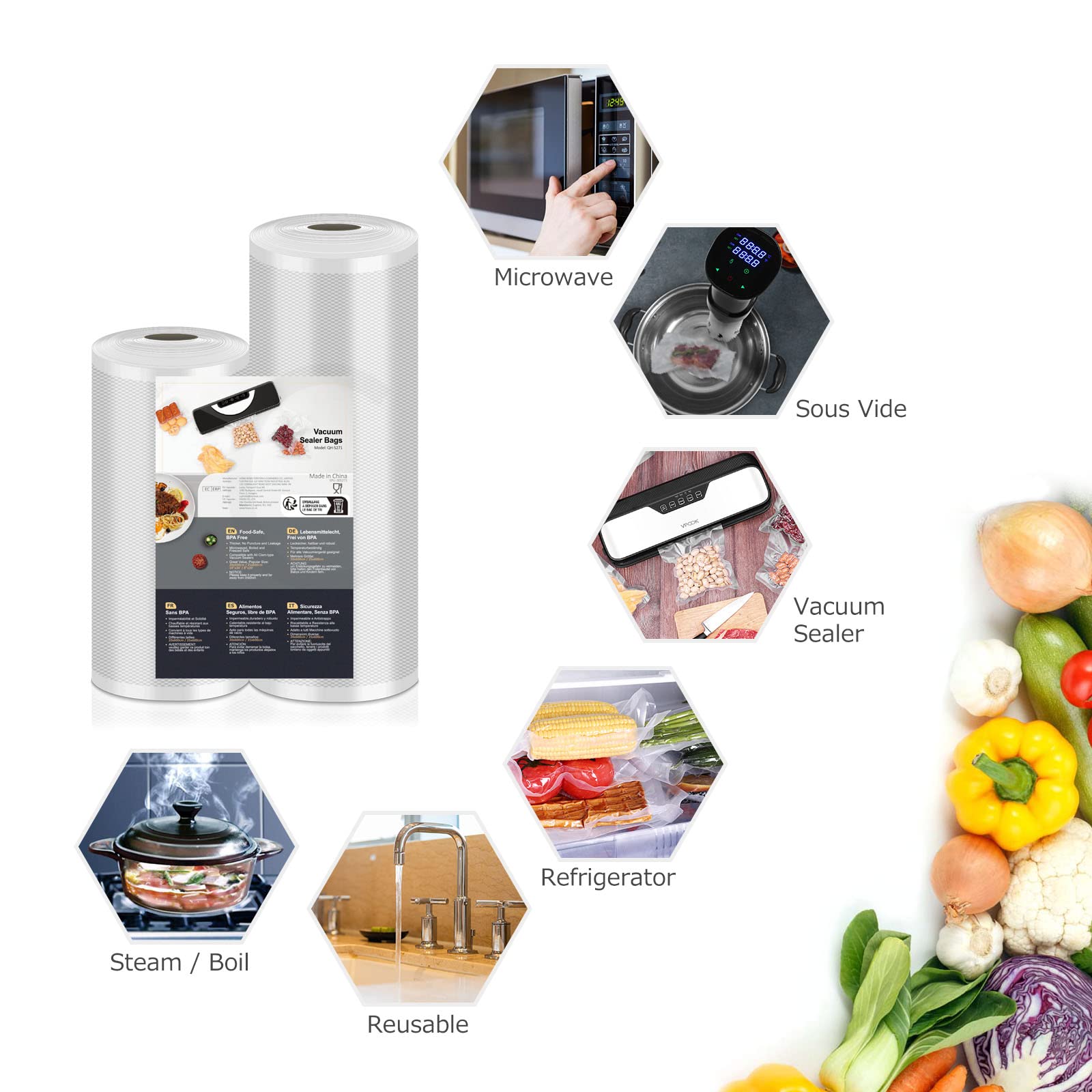 Rotoli Sottovuoto Per Alimenti - 2 Pezzi 20x500cm, Senza BPA, Per Conservazione