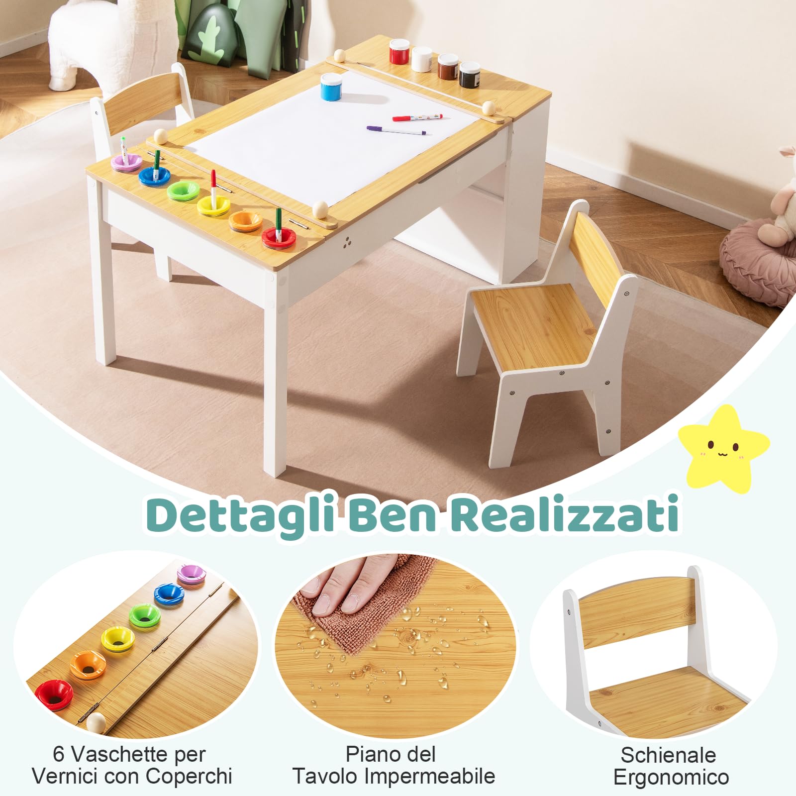 COSTWAY Set Tavolo da Disegno e Cavalletto per Bambini 3+ Anni con 2 Sedie, Tavolo Multifunzione in Legno con Piano Sollevabile, Rotolo di Carta, 6 Bicchieri di Vernice (Naturale)