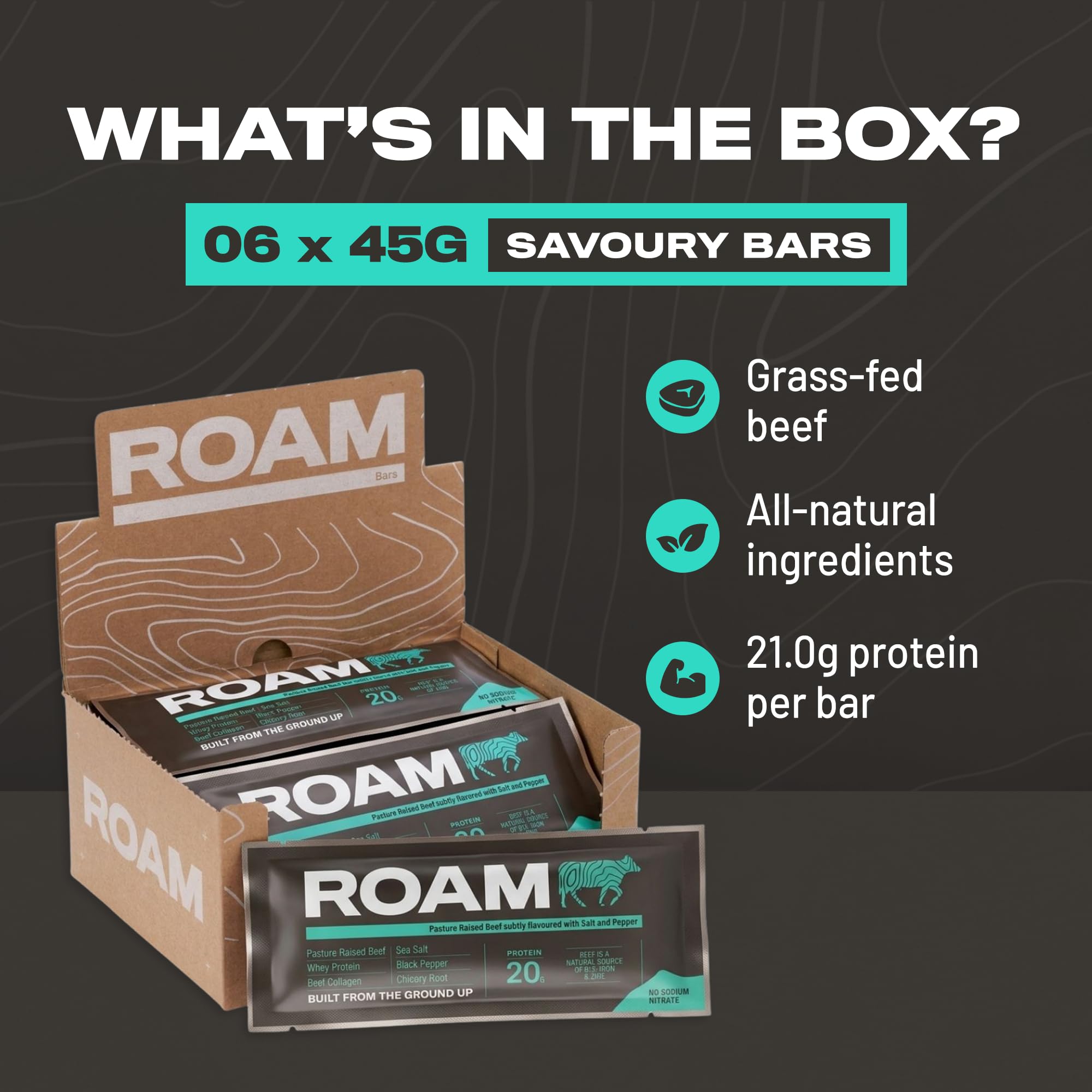 ROAM Beef Protein Bars, Jerky-Style Protein Snacks, Salt & Pepper 12er Pack (12 x 45g) | Herzhafte Protein Snacks aus Grass-Fed Rindfleisch