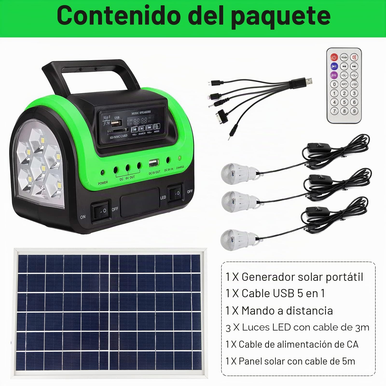 Generador solar portátil con panel, pequeña estación de energía para acampar | Estación de energía solar compacta con luces LED y carga USB. Incluye panel solar para camping, energía de respaldo de viaje