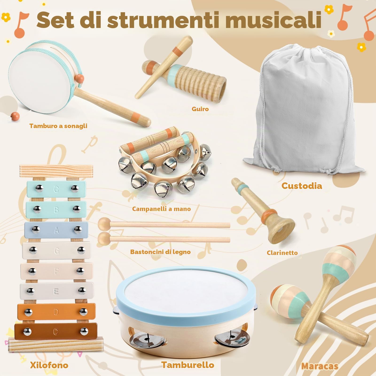 Strumenti Musicali Bambini Strumento Musicale Tamburo Bambino Montessori Giocattoli Xilofono Bambini in Legno Tambourine Percussioni per Bambini Giochi Musicali Regalo di Compleanno di Natale
