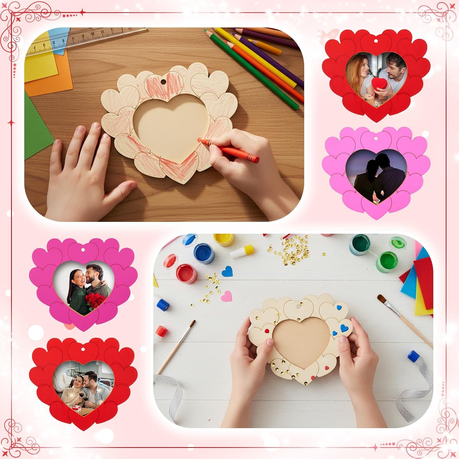 Thyle 36 Pcs Valentines Day Crafts DIY Unfinished Heart Picture Frames Craft Kit Wooden Frames with Hanging Ropes for Valentine's Day Anniversary Wedding Handmade Craft Home Decor