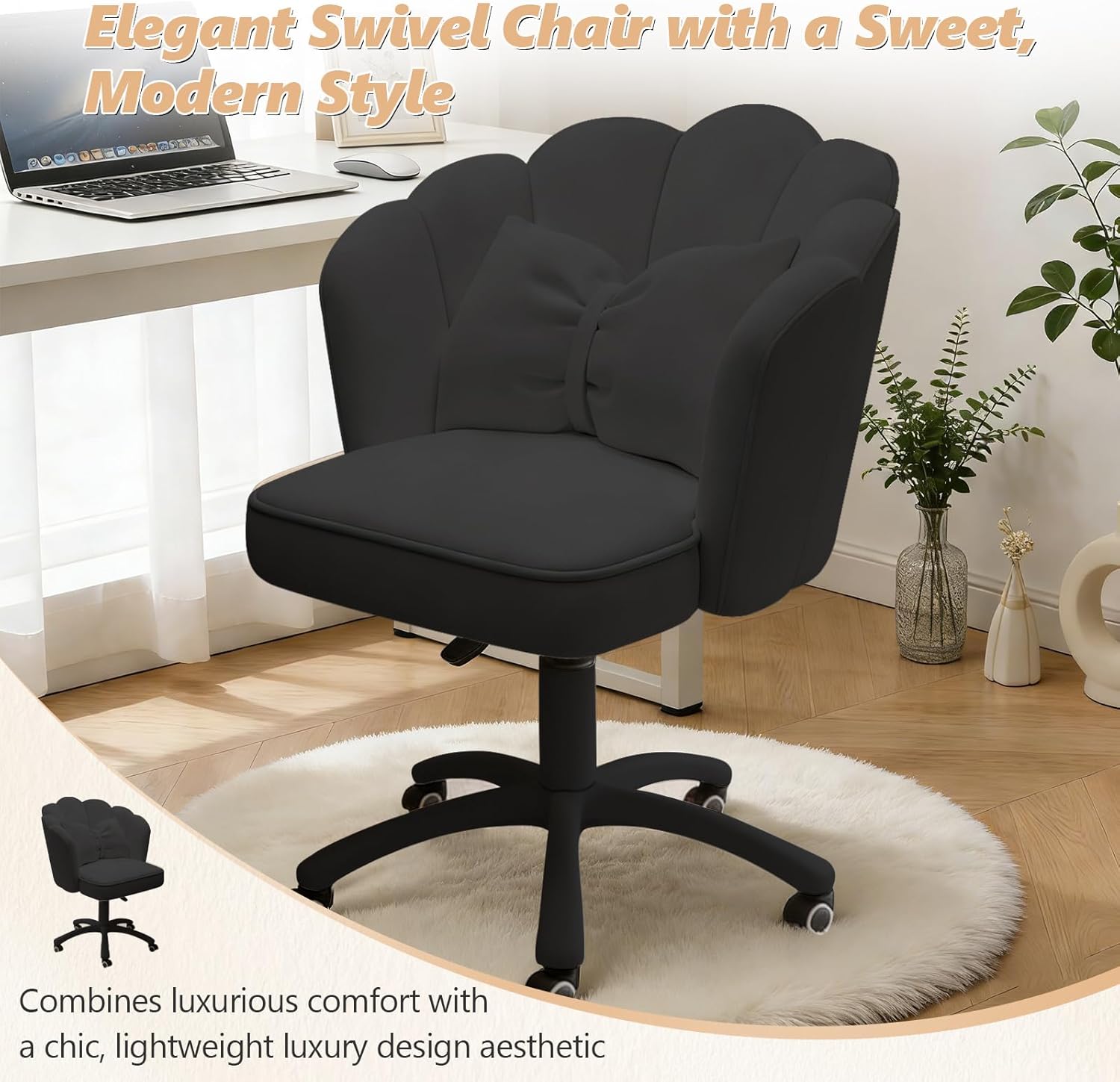 Home Office Desk Chair Swivel Rolling Vanity Chair with Silent Wheels and Comfortable Back, Adjustable Height Upholstered Computer Task Chair for Makeup, Bedroom
