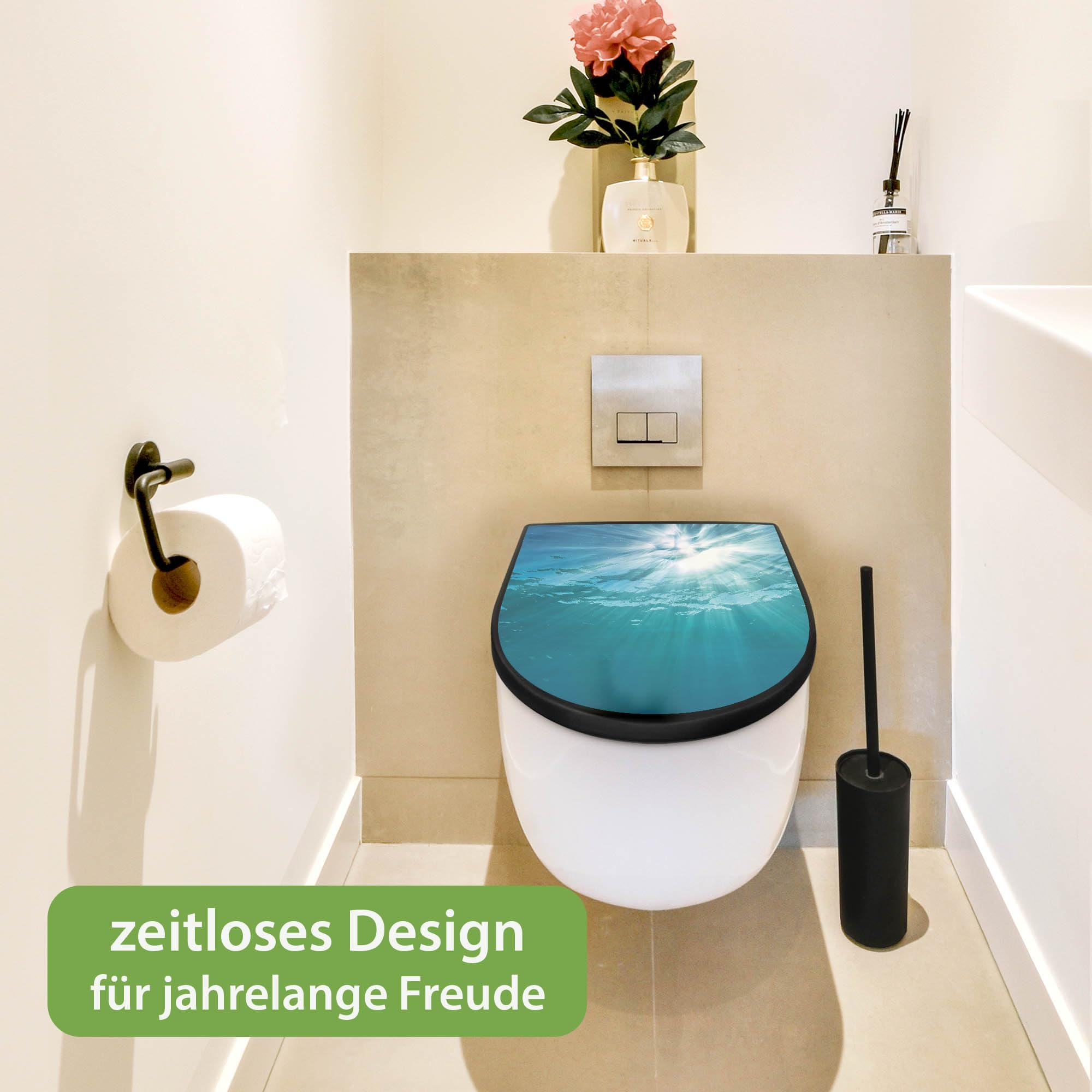 banjado WC Sitz mit Absenkautomatik D Form - Toilettendeckel mit Absenkautomatik D Form - Klodeckel Softclose - stabile Klobrille - Toilettensitz Schwarz - Motiv Unter der Oberfläche