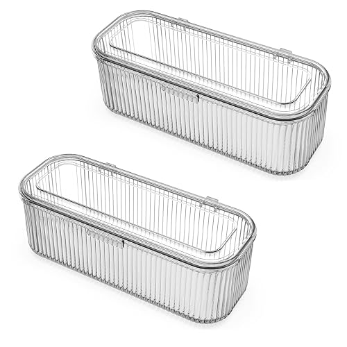 JessLab Makeup Brush Holder Organizer, Clear Makeup Sponges Organizer, Cosmetic Storage Case with Lid Display Case for Vanity, 1 Compartment (2 Pack)