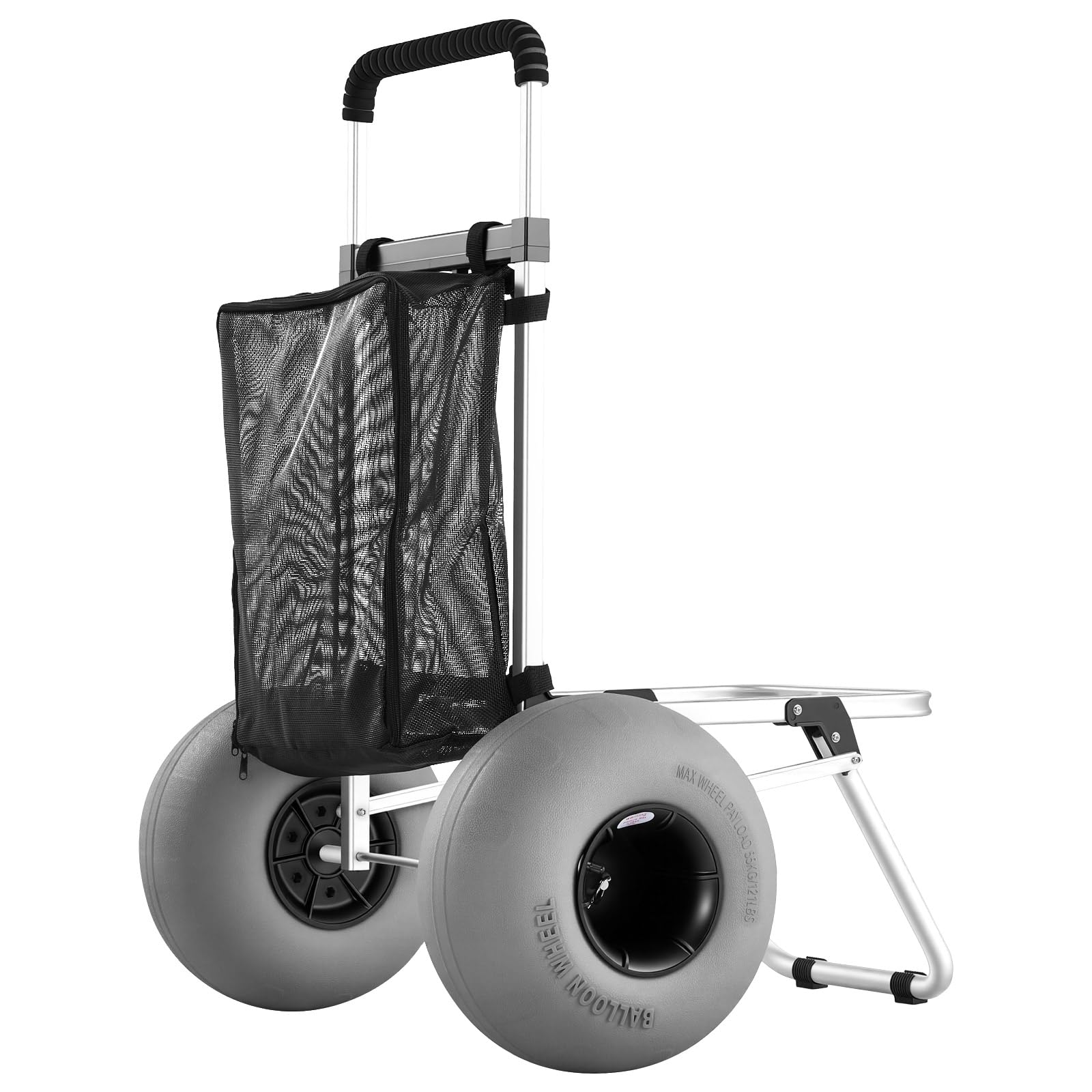 VEVOR Diable de Plage Tout-Terrain, Chariot de Transport Pliable Charge Maximale 75 kg, pour Camping Pêche Jardin Extérieur, Plateau de Chargement 50,5x37,4 cm, Roues Ballons 32 cm, Hauteur Réglable