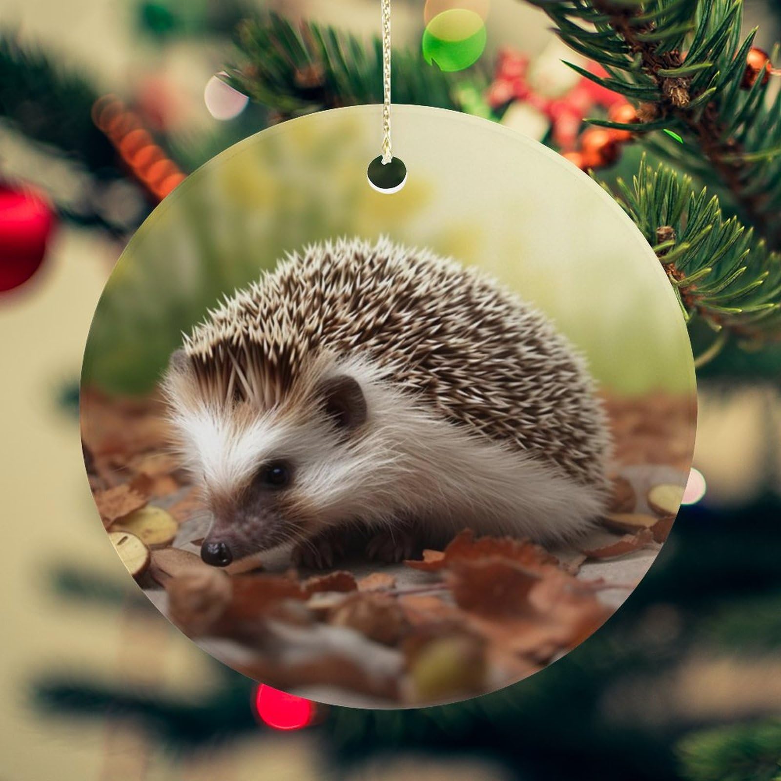 Hedgehog Christmas Ornament for Christmas Tree Ceramic Round Ornament Winter Holiday Keepsake Gift 2.7" Christmas Tree Hanging Decorations Circle Ceramic Pendant Xmas Gift