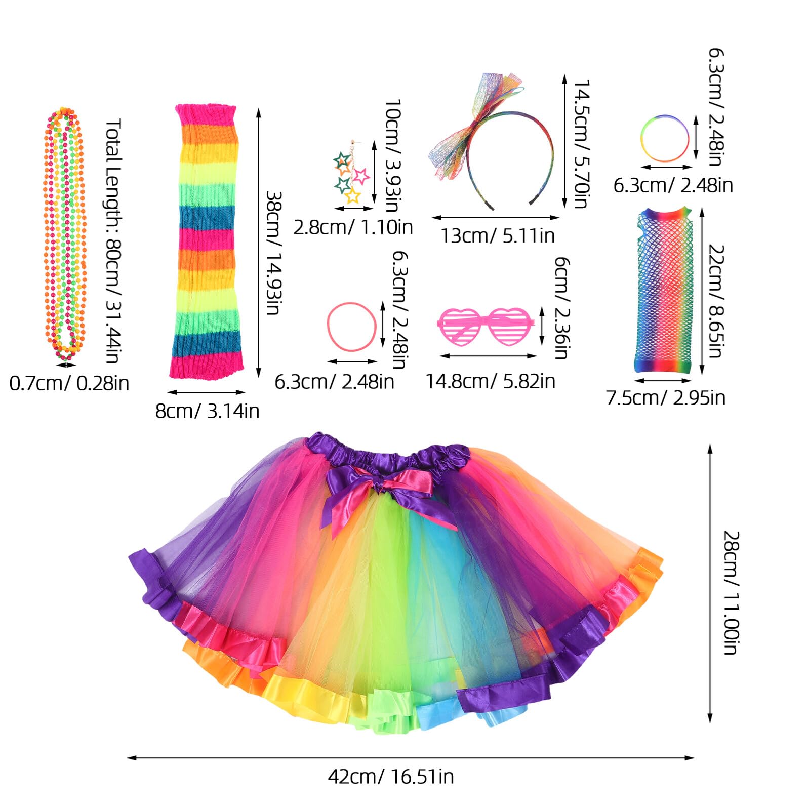 OUNONA Ensemble Déguisement Années 80 Femme 9 Pièces Arc-en-Ciel Fluo Tutu Court en Tulle Guêtres Moufles Résille Bandeau et Boucles D’Oreilles pour Soirée Carnaval Néon