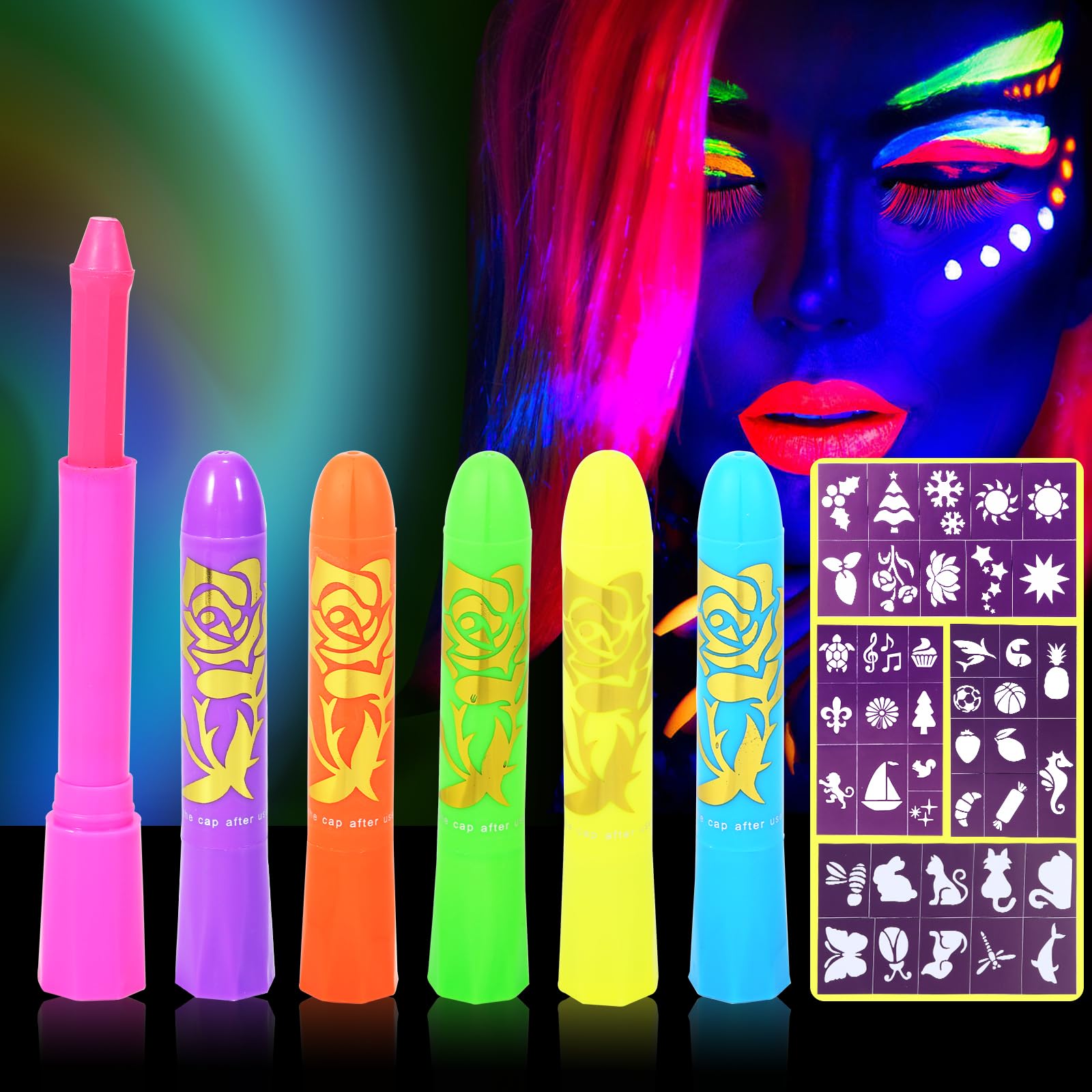GLEEMEN Luminosas para Pintura Facial, 6 Ceras UV Fluorescente, Pintura Neón, Lavable Cera Lápiz UV Neón Para Rostro y Cuerpo, UV Crayones Para Halloween, Mardi Gras, Fiesta De Disfraces