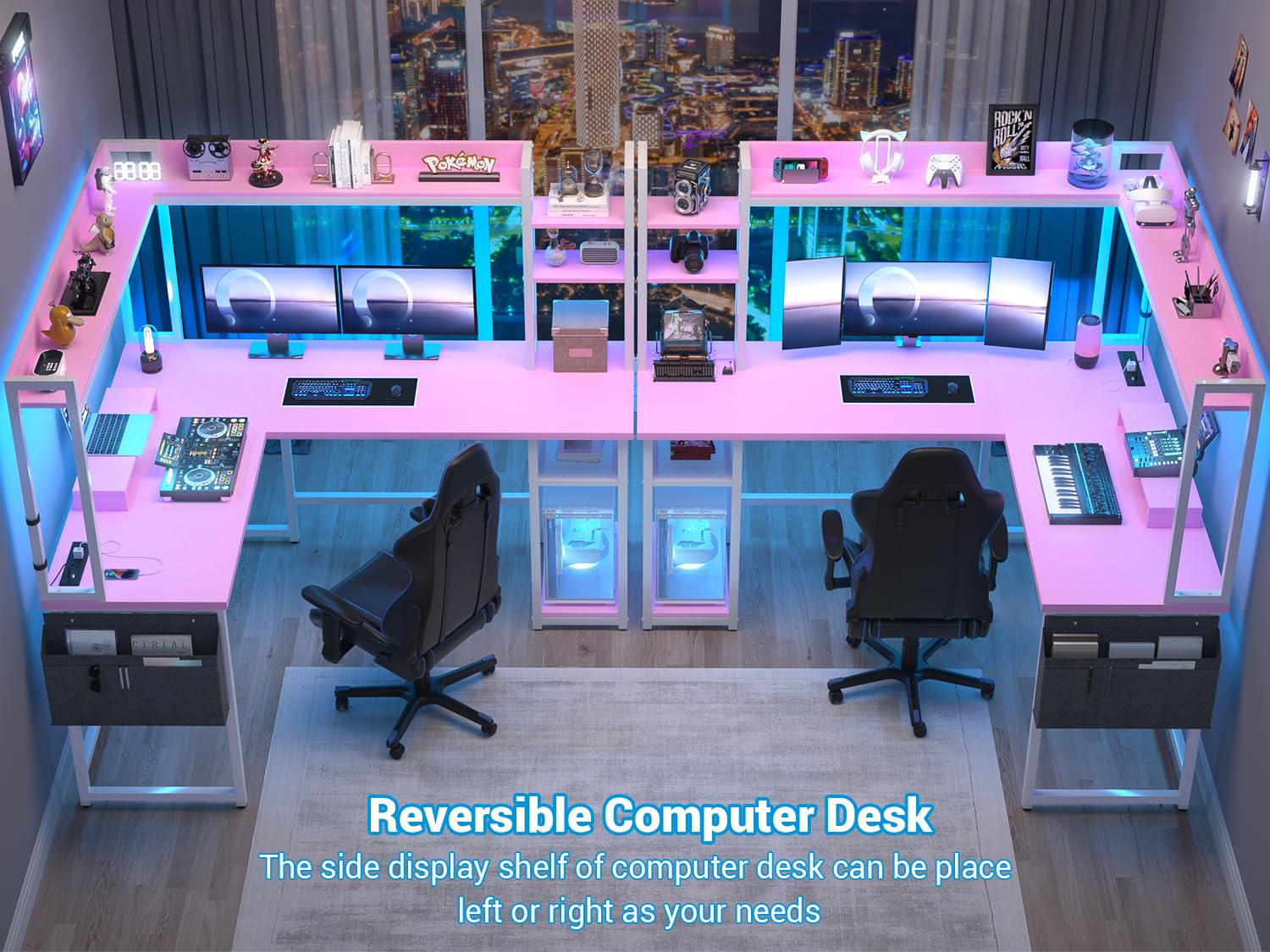 Aheaplus L Shaped Desk with Power Outlet, L Shaped Gaming Desk with Led Light & Hutch, Reversible Home Office Desk, Corner Computer Desk Writing Desk with Monitor Stand & Storage Shelves,: Pink