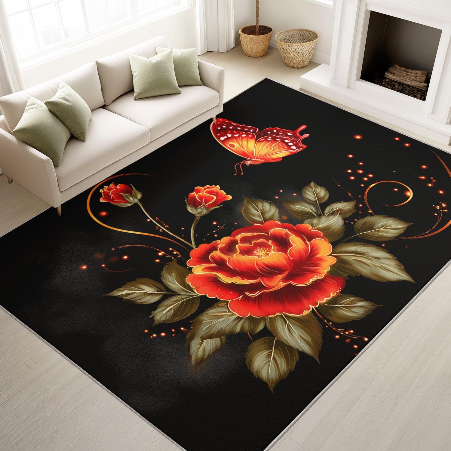 Tapis antisalissure lavable 160x230 cm art floral noir et rose romantique
