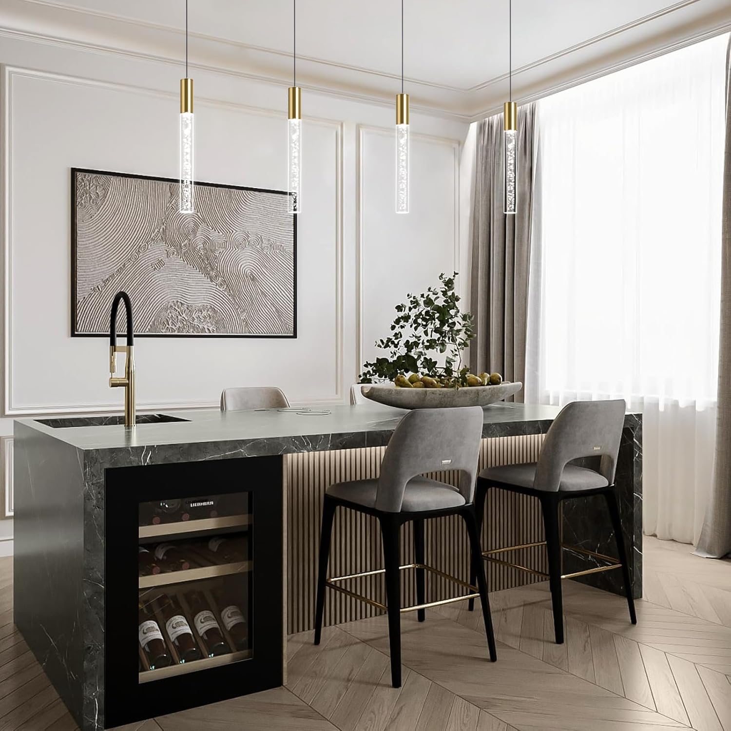 Modern Gold Pendant Light Fixture 3-Color for Kitchen Island, 1-Light LED Pendant Lighting Cord Adjustable Acrylic Ceiling Hanging Lights for Living Room Bedroom Dining Room (1 Pack)