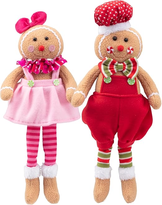 Christmas Gingerbread Plush Dolls, Set of 2 - 17" Boy & Girl Cute Shelf Decorations - Fun Kids Holiday Toy Elf Buddy, Tree, or Stocking Stuffer w Festive Santa Outfits, Mantel Decor, Gift for Xmas