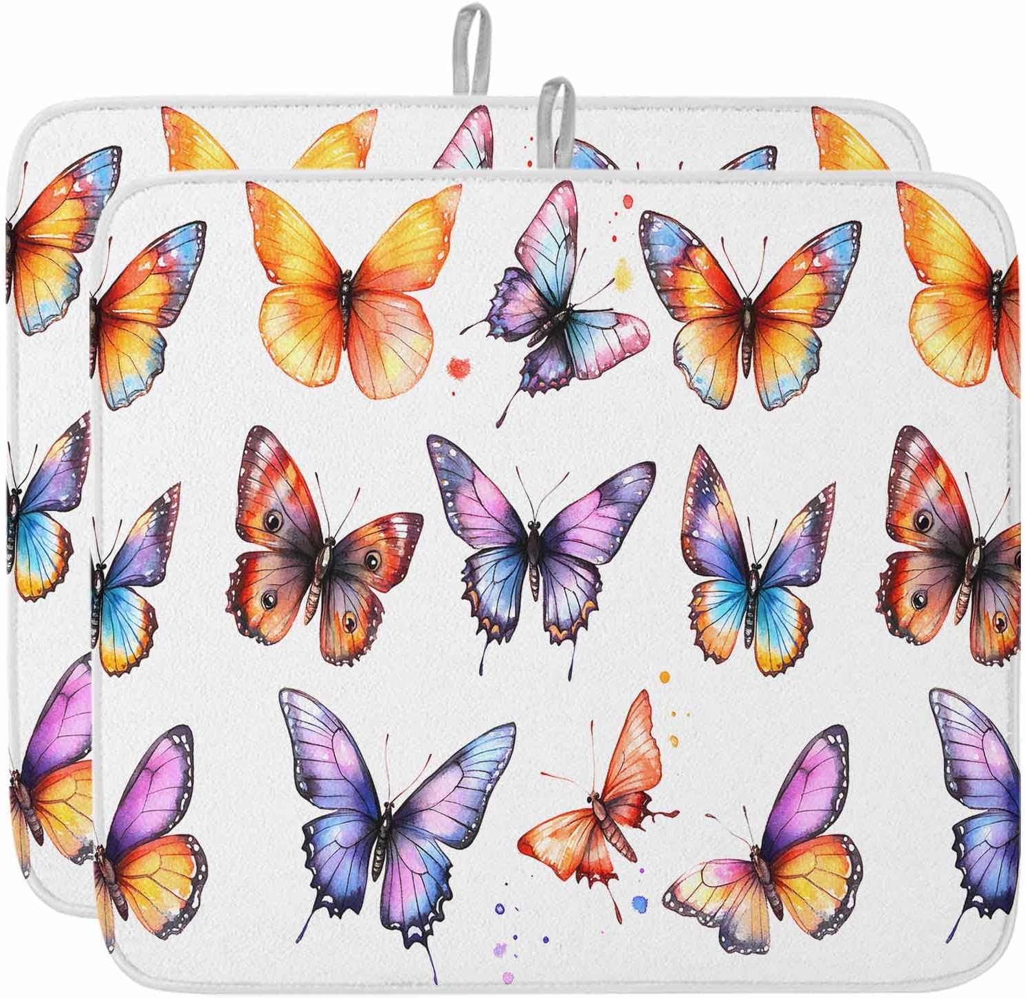 Dish Drying Mat Set of 2 Colored Butterfly Microfiber Absorbent Reusable Washable Dish Drying Rack Mat White Background Coffee Mat for Coffee Maker Bar Kitchen Countertops 16x18inch