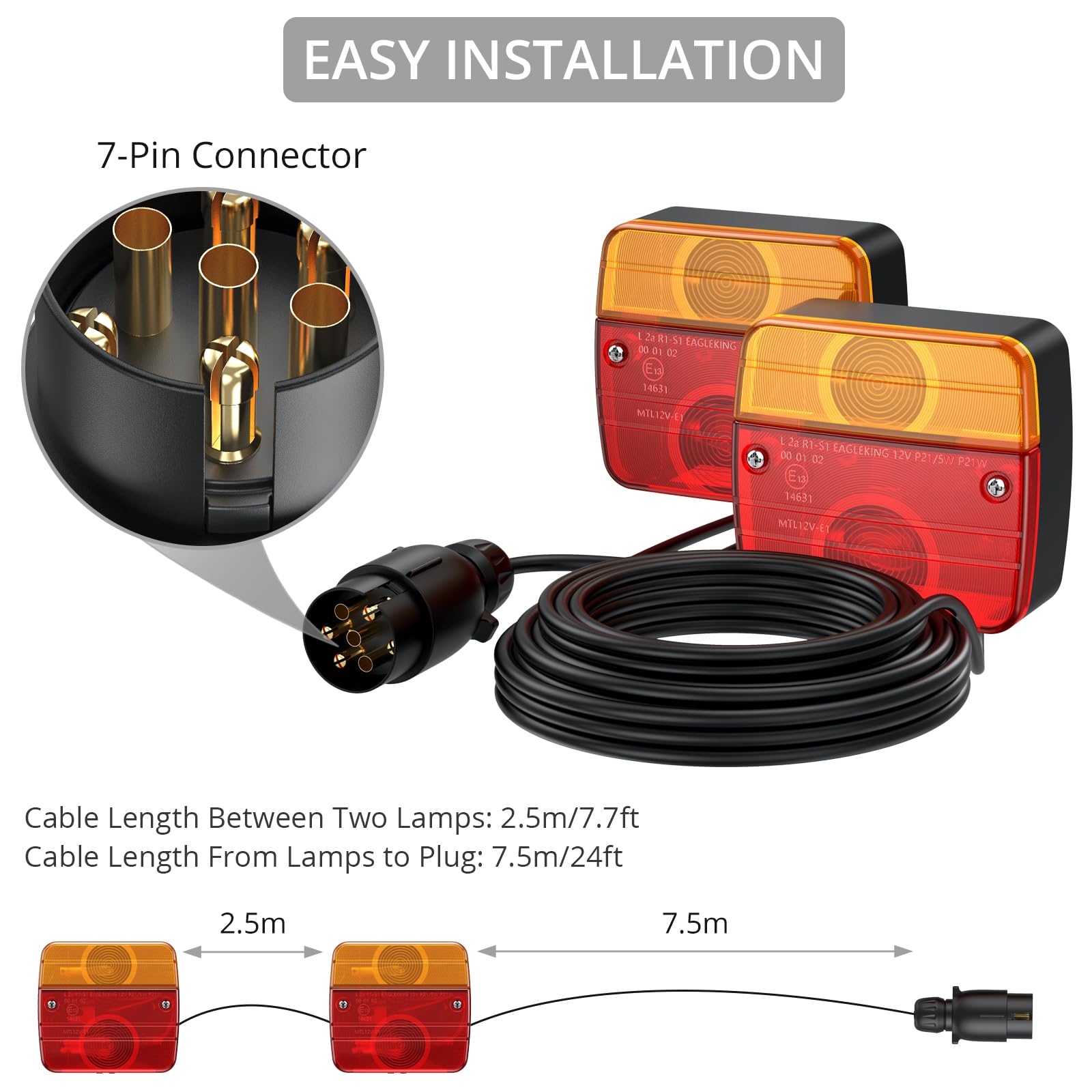 Justech 2 Pezzi Luci Posteriori Super Luminoso 12V Luci Posteriore del Rimorchio con E-mark Set Fanali Posteriori Impermeabile IP65 con Cavo da 7,5 m Fanali LED Rimorchio 21W con Montato a Vite