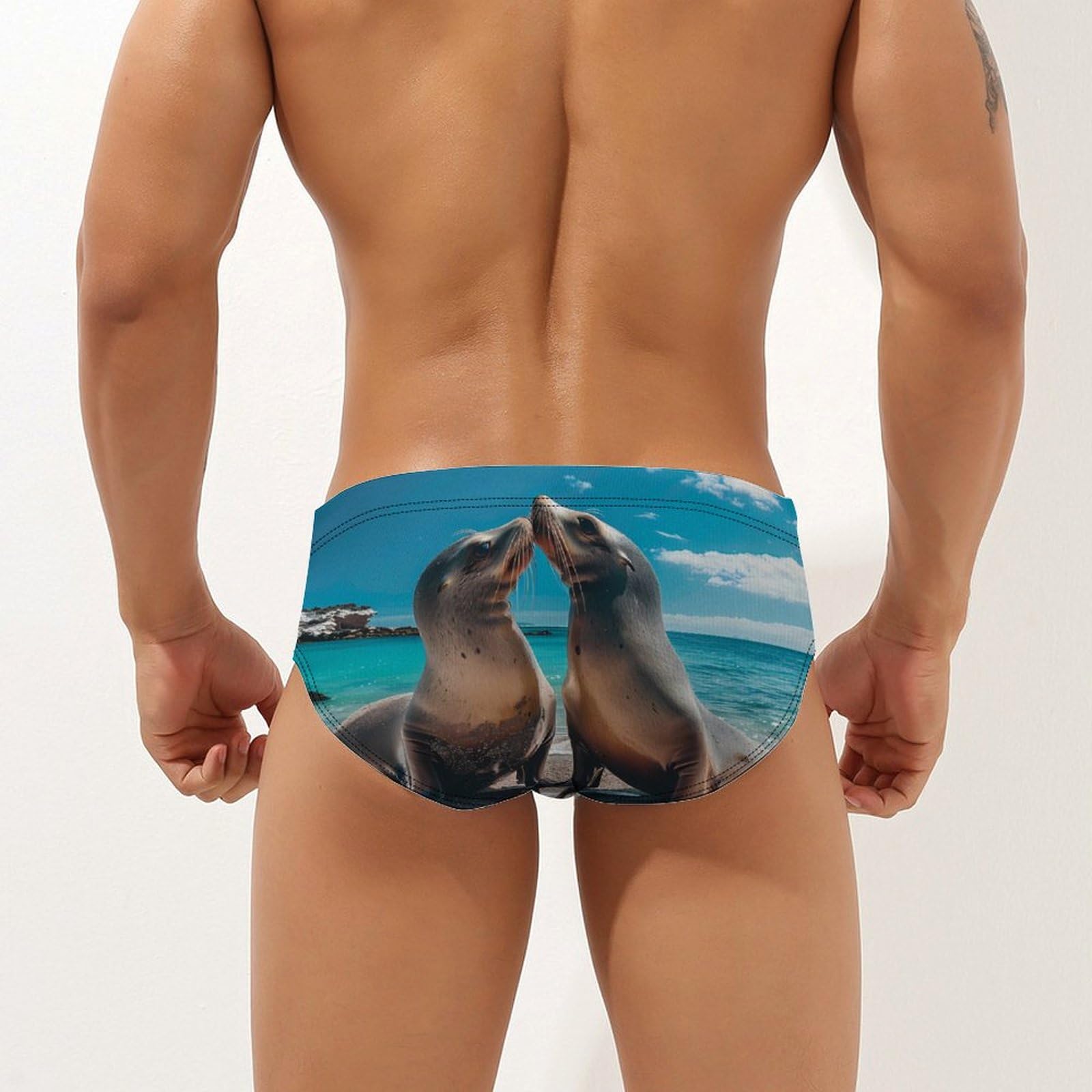 Sea Lion Mens Swim Briefs Quick Dry Swim Trunk Bikini Underwear Swimsuit 3XL