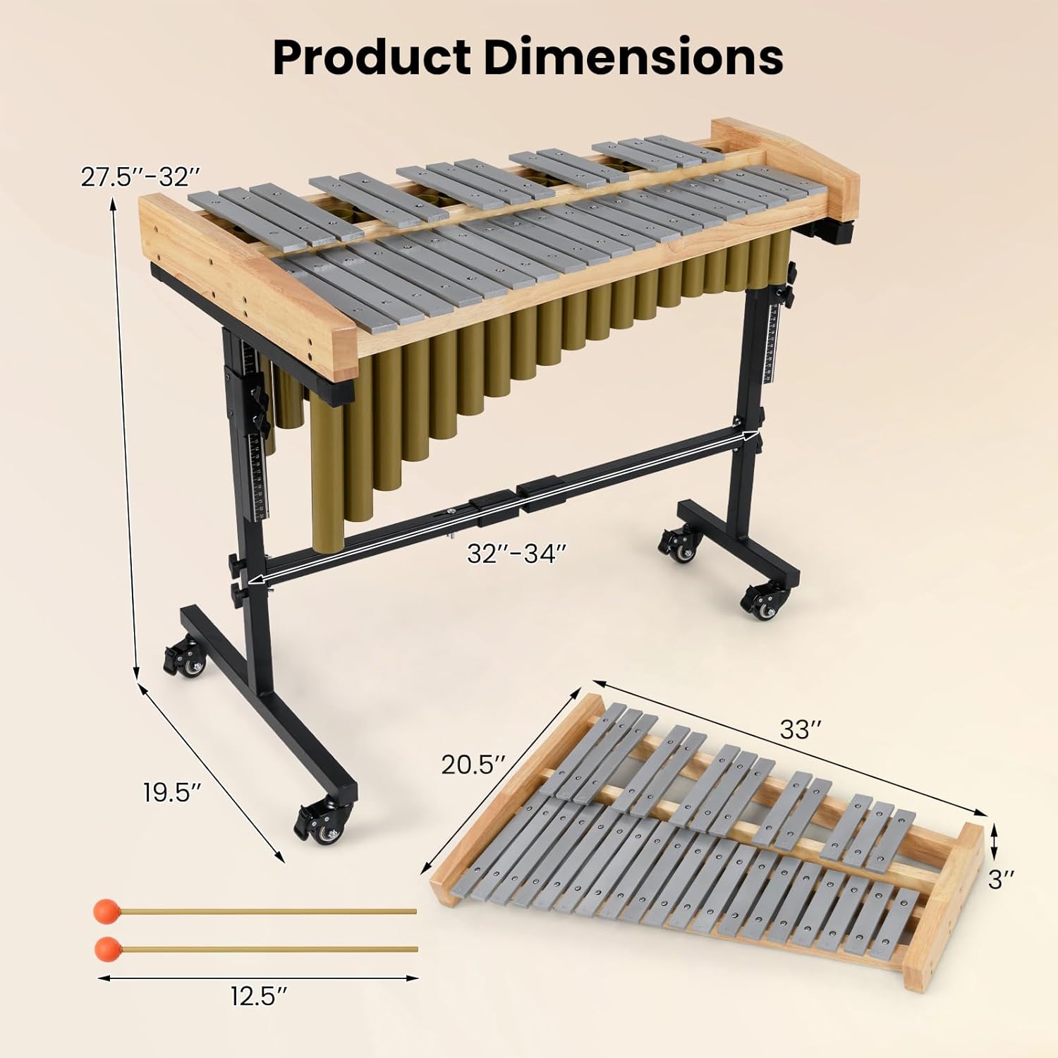 Giantex 32 Note Glockenspiel Marimba with Adjustable Stand & Wheels, Metal Xylophone Percussion Instrument with Aluminum Bars, Resonator Tubes & Mallets for Classroom, Students & Performance
