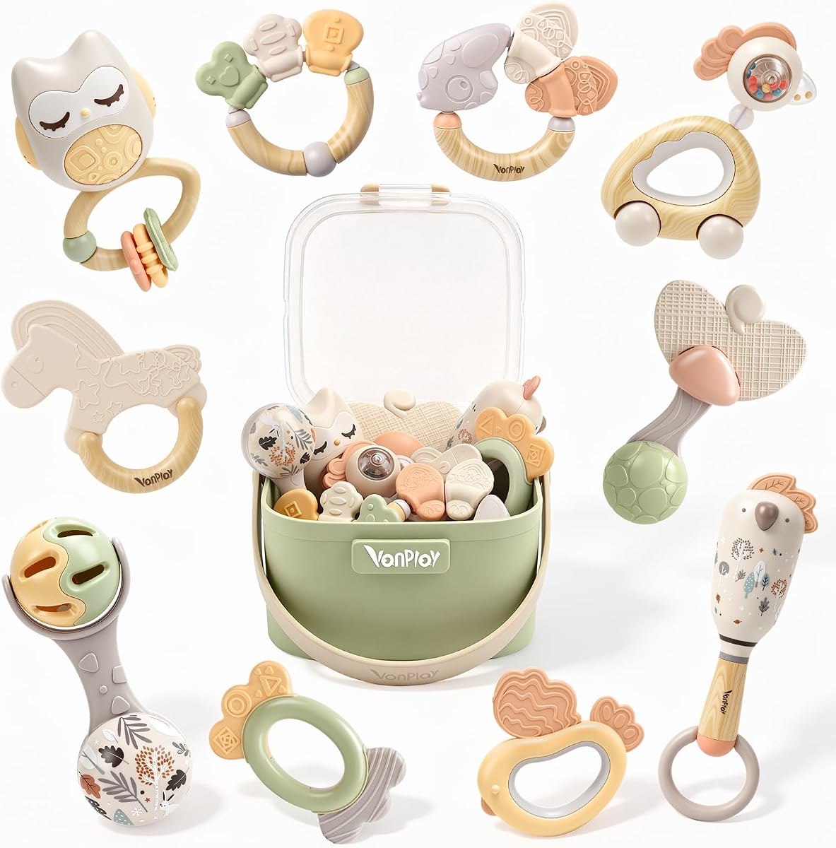 Baby Rattles, Baby Toys 0-6 Months, Teething Toys 3-6 Months, 10-Pack | Newborn Toys with Storage Box, Infant Toys 0-6 Months for Grasping, Neutral Baby Shower Gift for Boy Girl