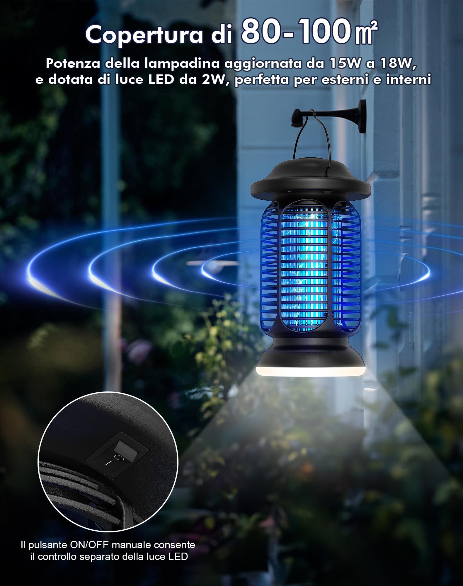 Lampada Antizanzare Elettrica 4000V, Ammazzazanzare da Esterno e Interno 20W con Luce LED, Trappola per Insetti Professionale IPX4 Impermeabile, Zanzariera Elettrica per Giardino, Casa