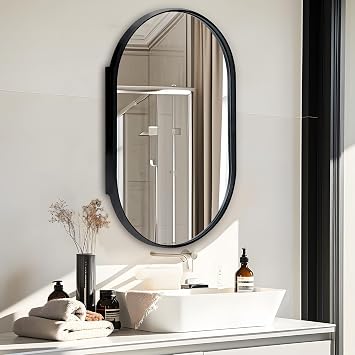 soges Black Medicine Cabinet Mirror with 2 Storage Shelves, 34x20 Oval Recessed Medicine Cabinet with Beveled Edge Mirror for Bathroom, Wall Mounted Deep Metal Framed Mirror Cabinet