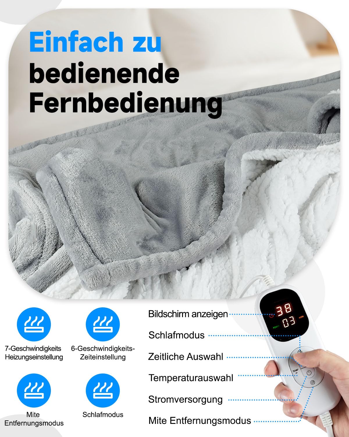 Manta eléctrica con apagado automático, manta térmica con 6 niveles de calor, protección contra sobrecalentamiento, manta eléctrica para casa y oficina, franela lavable, color gris
