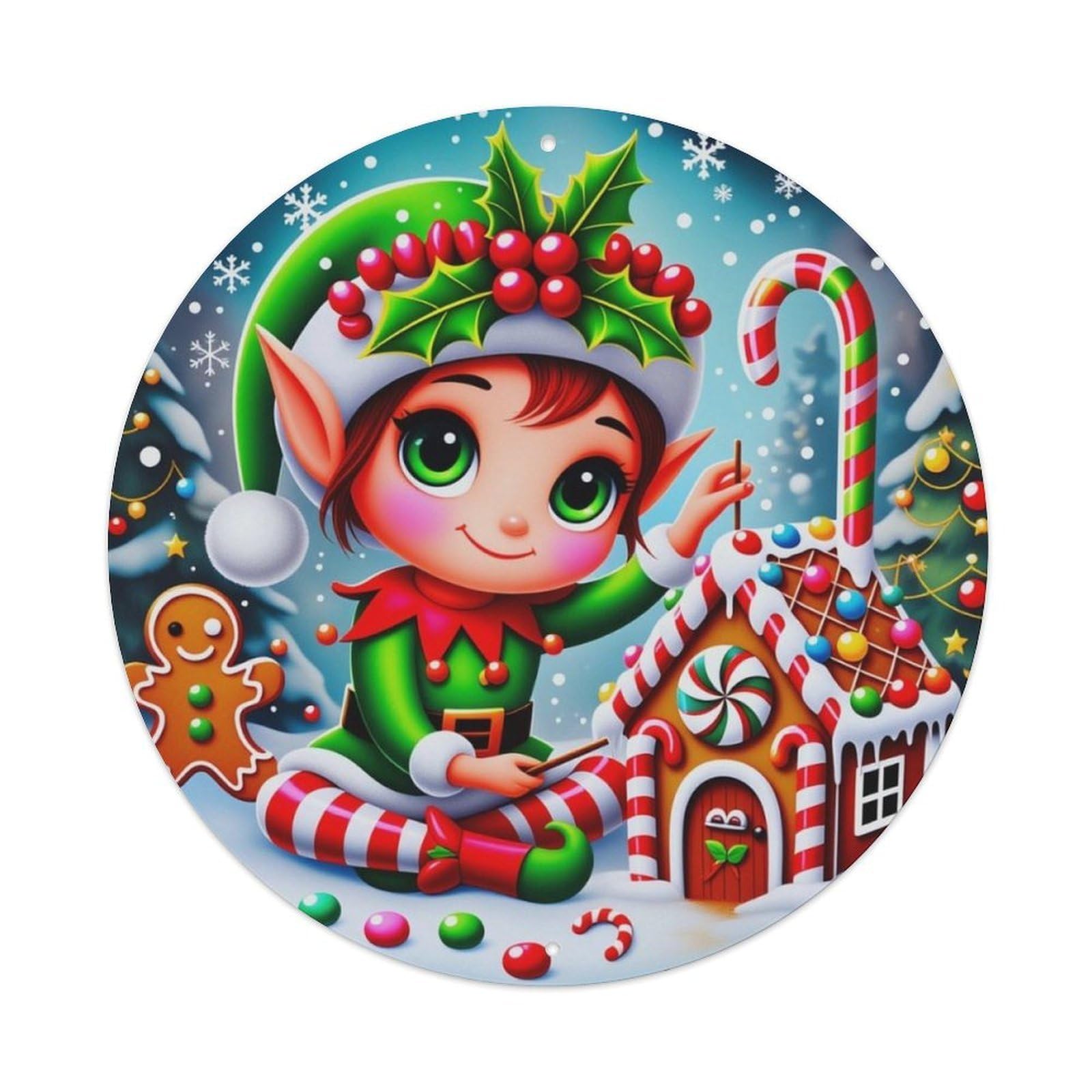 Christmas Elf Gingerbread House Round Decor Sign Vintage Aluminium Metal Sign, Retro Wall Decor for Home, Bar, Garage & Farmhouse 20x20cm
