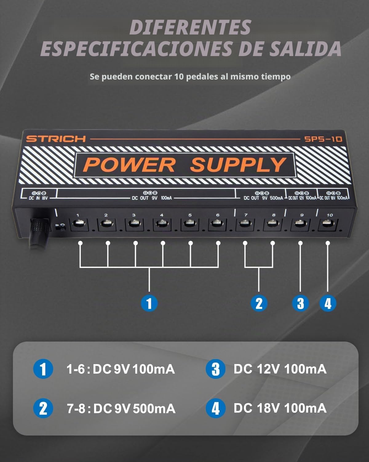 Fuente de alimentación para pedal de guitarra, STRICH 10 salida aislada para pedal de efecto de 9 V/12 V/18 V, fuente de alimentación de pedalera de 100 mA 500 mA con protección contra cortocircuitos