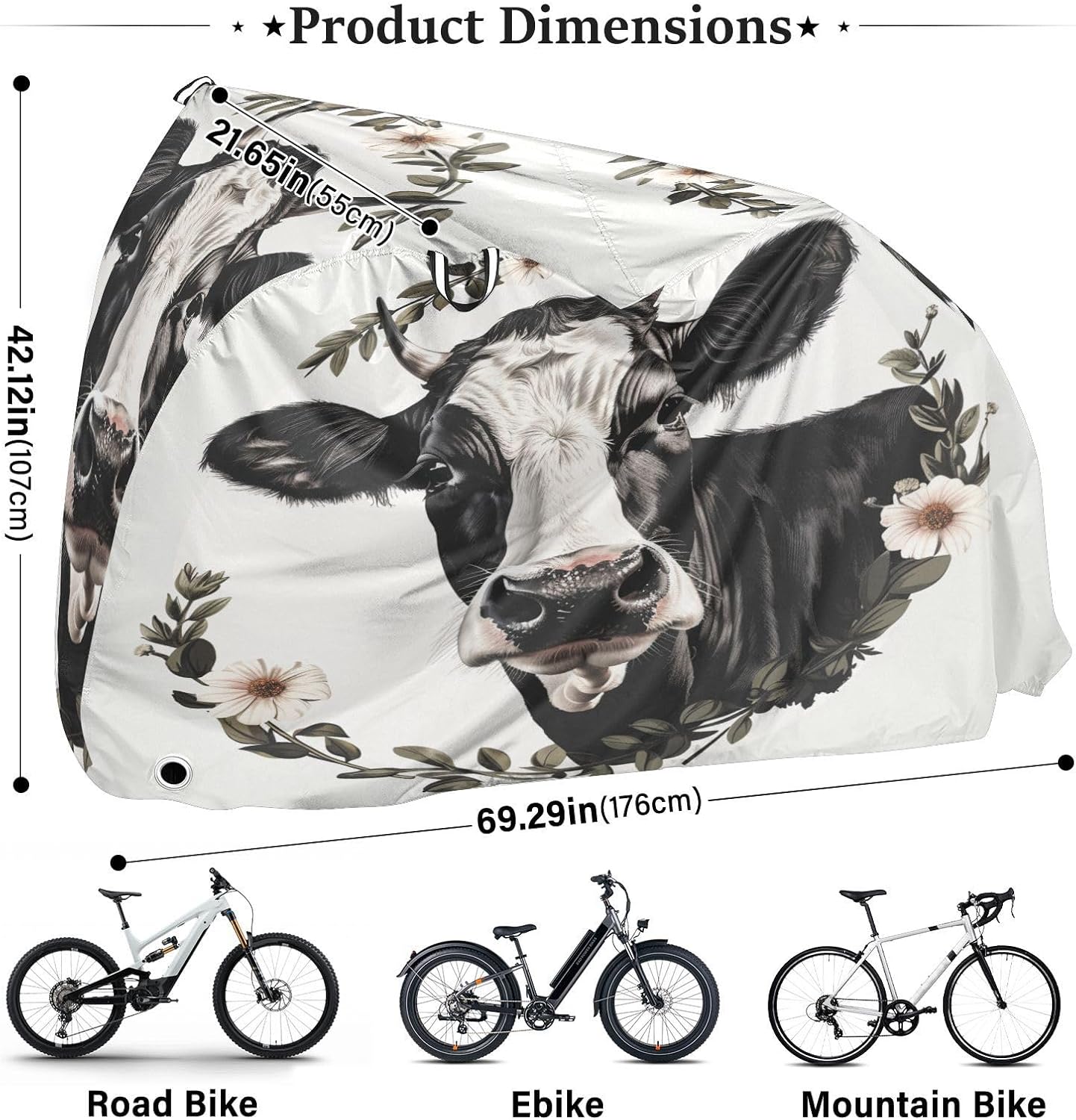 ALAZA Cow Portrait Bike Cover Waterproof Outdoor Ebike Bicycle Covers Tarp Protection for 1/2 Bikes, Sun UV Dust Wind Proof