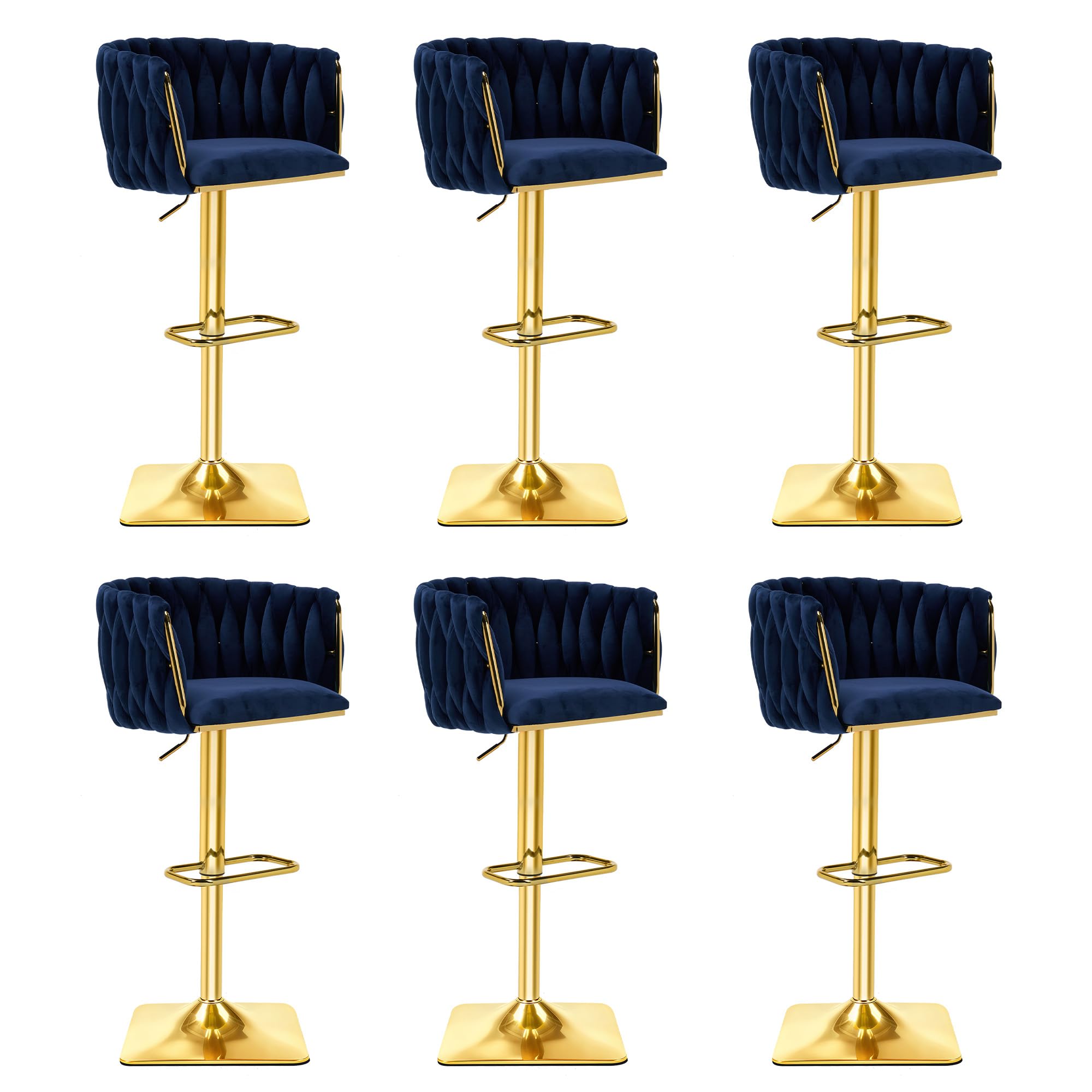 FaFaSoGoodFa Modern Bar Stools Set of 6, Swivel Counter Height Barstools with Woven Back and Gold Metal Frame, Velvet Upholstered Adjustable Single